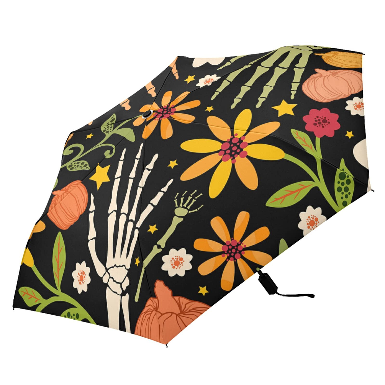 Poeticcity Colorful Halloween Seamless Human Hand Skeleton Floral Flowers Folding Umbrella, Anti-UV 3 Folds Lightweight Parasol, Compact Windproof Strong Umbrellas for Car Travel Sun & Rain