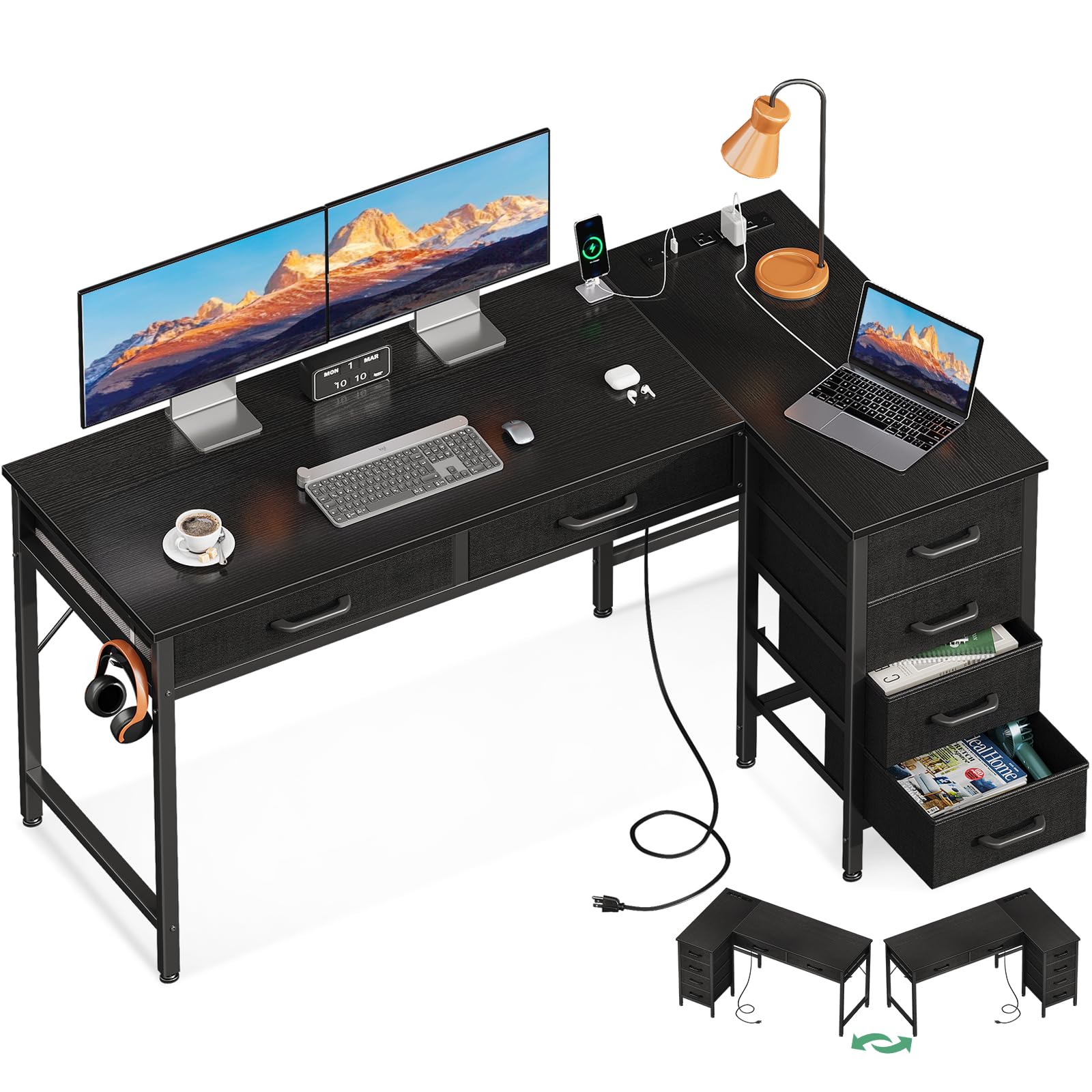 Coleshome 61 Inch L-shaped desk with drawers in a modern office setup, featuring two monitors, a laptop, and various office supplies, highlighting the integrated storage and power outlets.