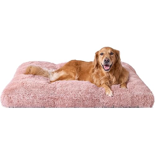EHEYCIGA Fluffy Dog Crate Bed for Extra Large Dogs, Plush Faux Fur Crate Pad, Calming Anti Anxiety XL Dog Bed, Washable Soft Warm Crate Mat with Non-Slip Bottom, Pink