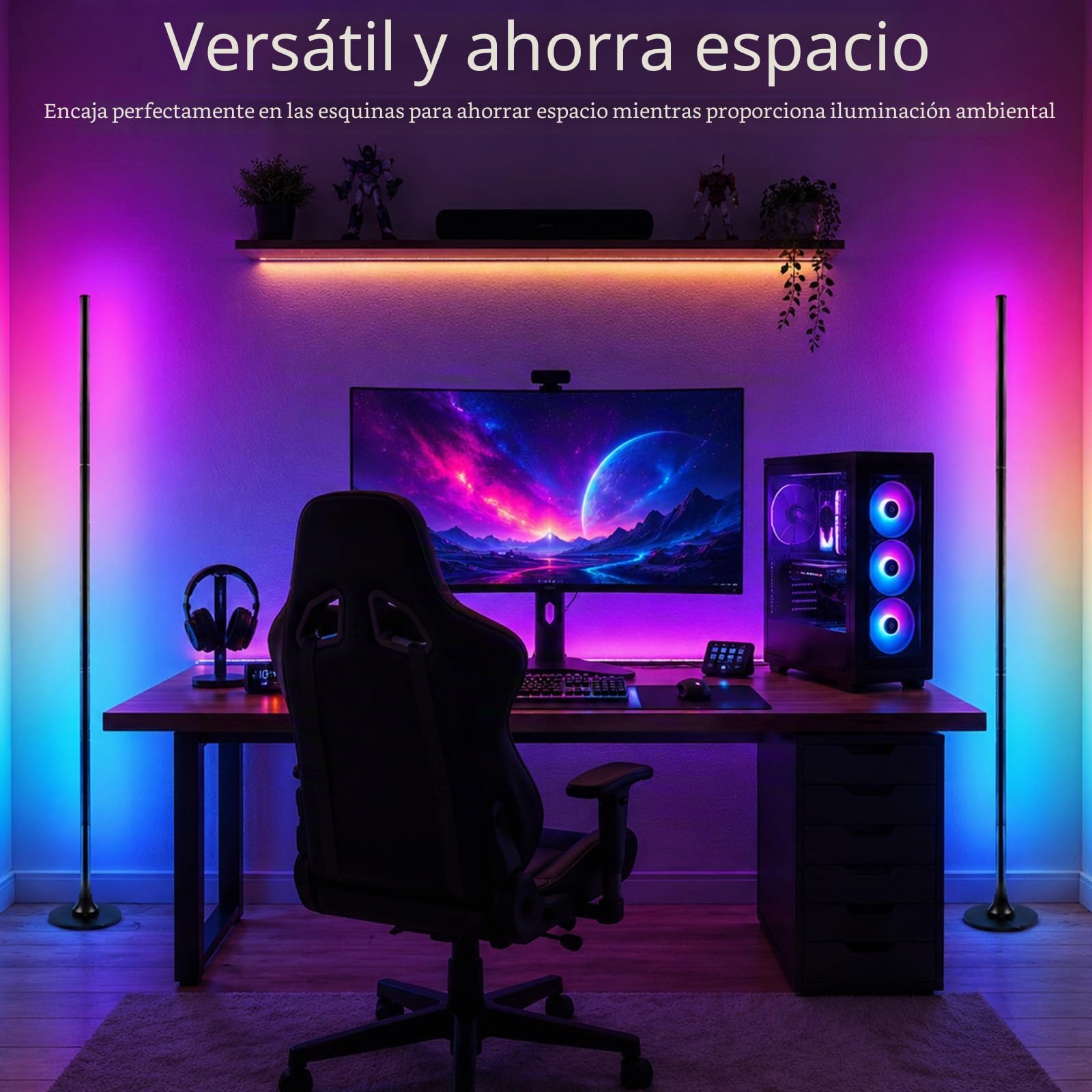 Lámpara de pie RGB para salón, 120 cm, juego de 2 lámparas de esquina regulables con aplicación inteligente y mando a distancia, lámpara de pie LED DIY con 16 millones de colores, sincronización de