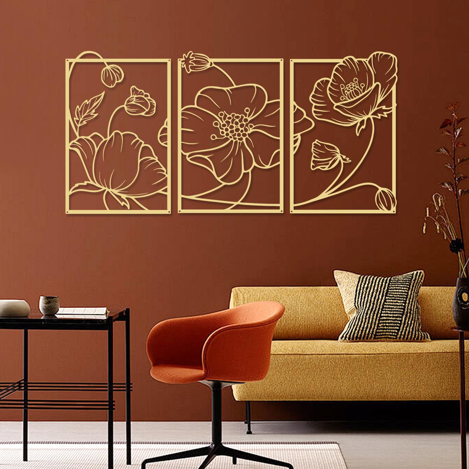 YiYa 3 Piezas Decoración de flores metálicas, Decoración minimalista de metal dorado, Metal decorativo de pared moderno Para el dormitorio de la sala de estar en el hogar