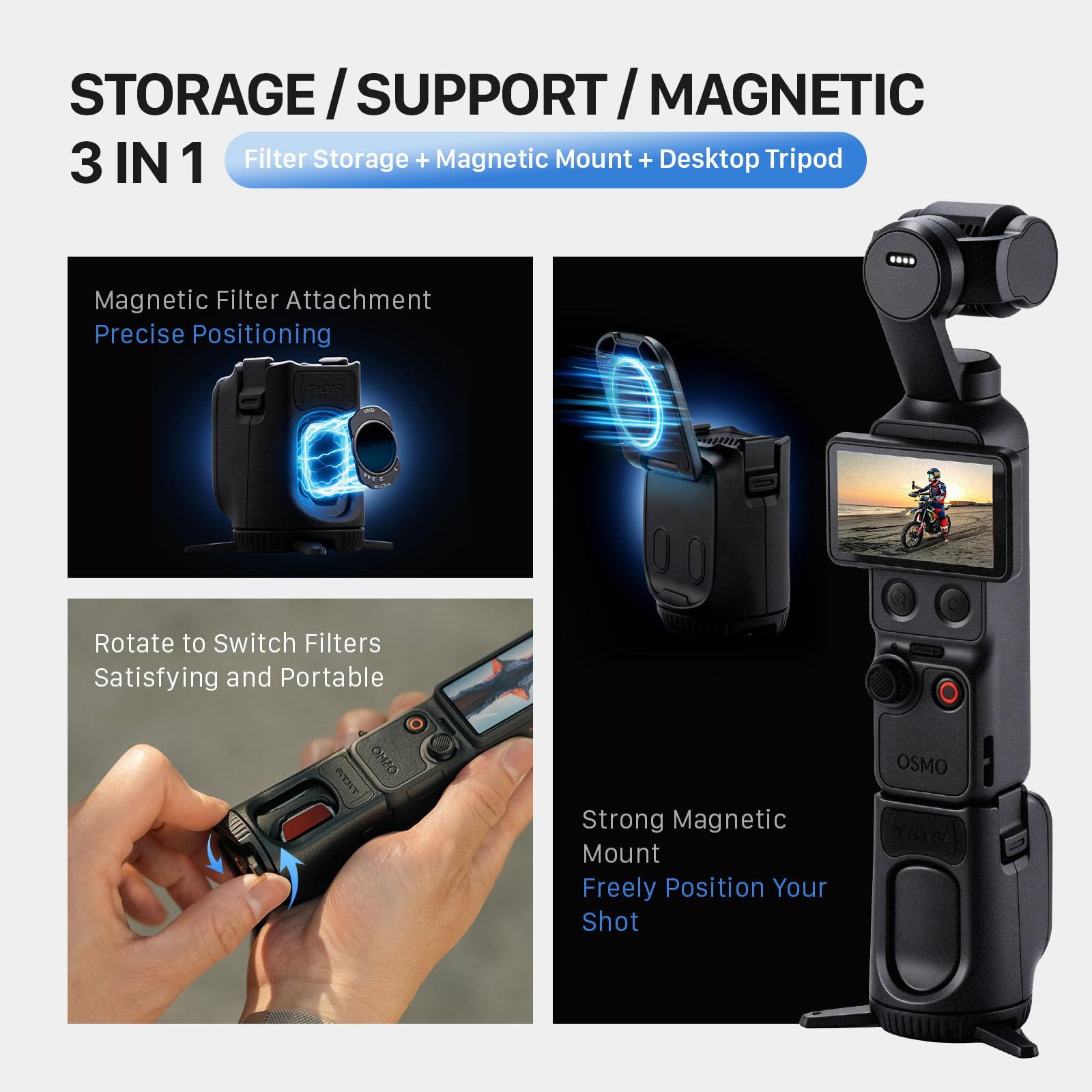Tilta Base de Filtre Magnétique Compatible avec DJI Osmo Pocket 4, Support Rotatif Rangement Filtres avec Trépied, Plaque Arrière Magnétique Compatible MagSafe, Peut Contenir 3 Filtres TA-T65-FSE-B