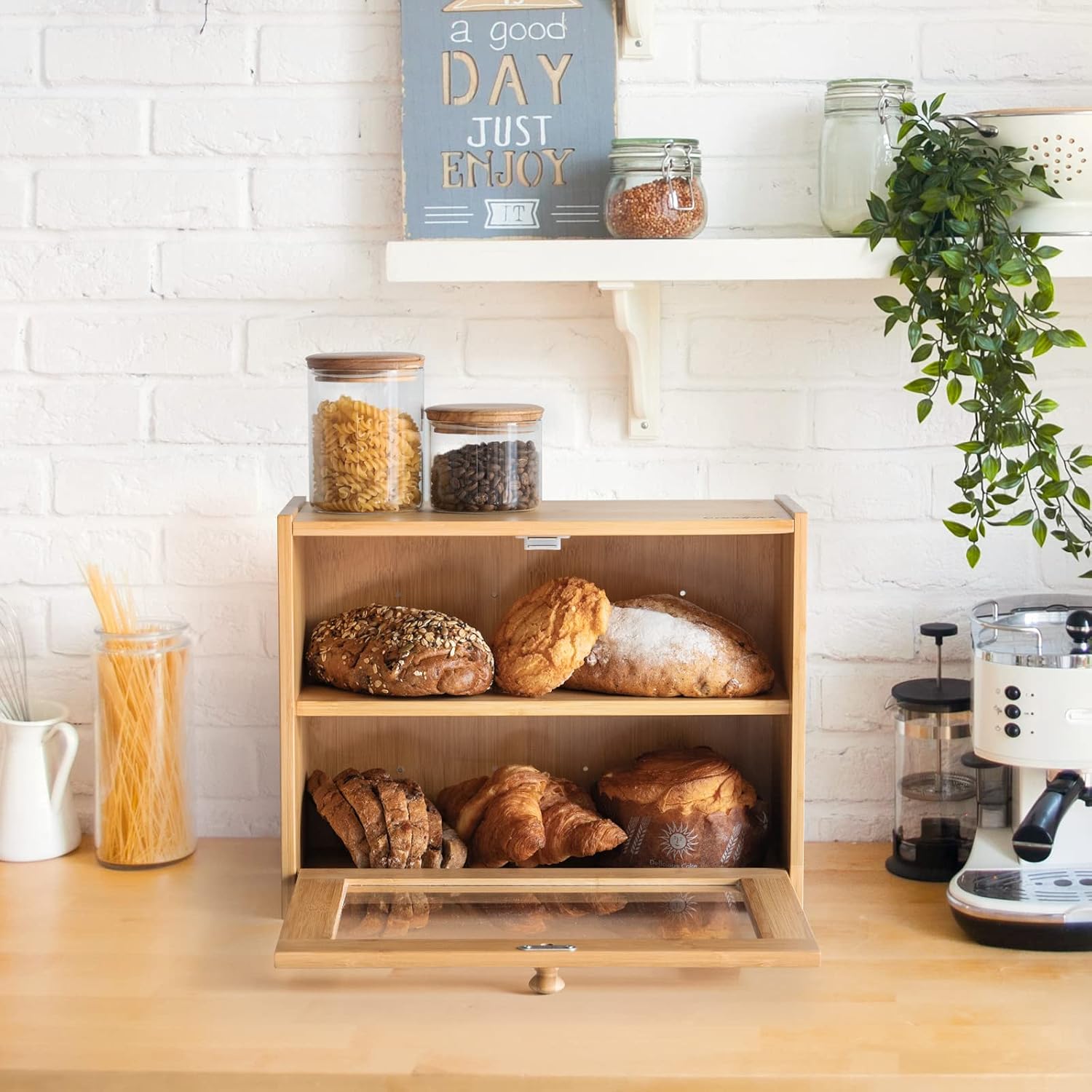 Goodpick Large Bread Box, 2- Layer Bamboo Bread Boxes for Kitchen Countertop, Rustic Bread Box with Transparent Window, Food Storage Box, Self Assembly, 15.8 in x 12.2 in x 6.8 in