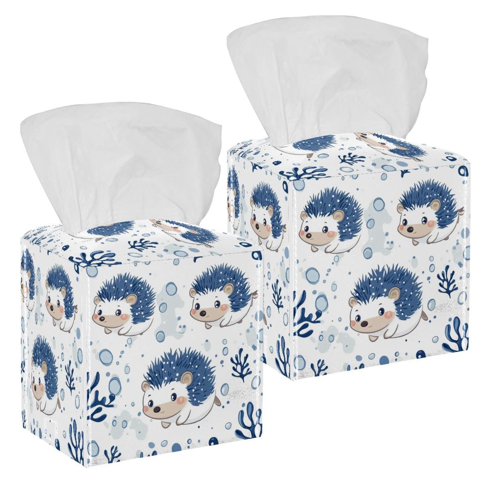 Cute Hedgehog Tissue Box Cover, 2 Pack PU Leather Square Facial Tissue Dispenser Box holder for Home Office Car