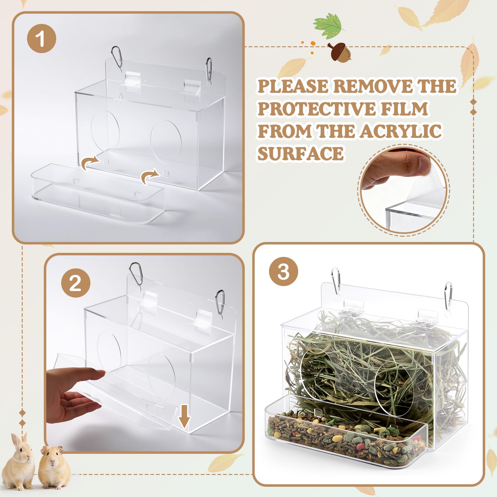 Honeydak Acrylic Rabbit Hay Feeder with Lid, Two in One Hanging Guinea Pig Hay Feeder with Hook Food Dispenser Bin for Bunny, Guinea Pig, Chinchilla - image 3