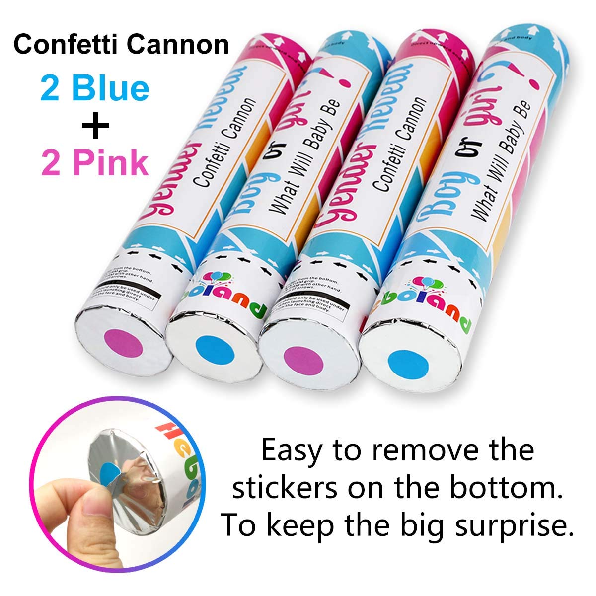Gender Reveal Confetti Cannon Poppers 2 Pink and 2 Blue Boy or Girl 12