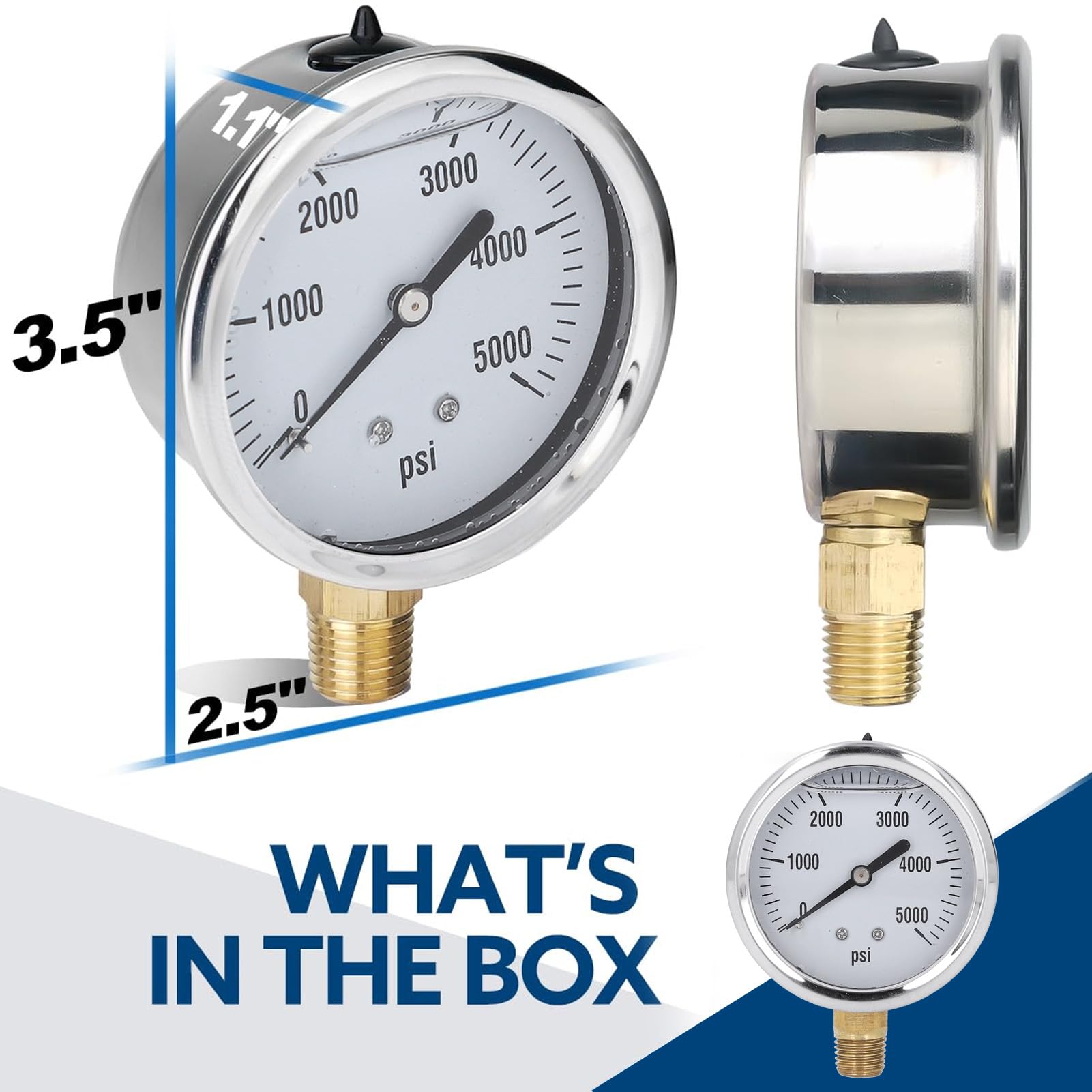 Manómetro hidráulico de Alta presión de 5000 PSI, manómetro con Relleno de glicerina líquida, Calibre de 1/4 NPT 2,5 para Combustible, Aire y Agua con Caja de Acero Inoxidable