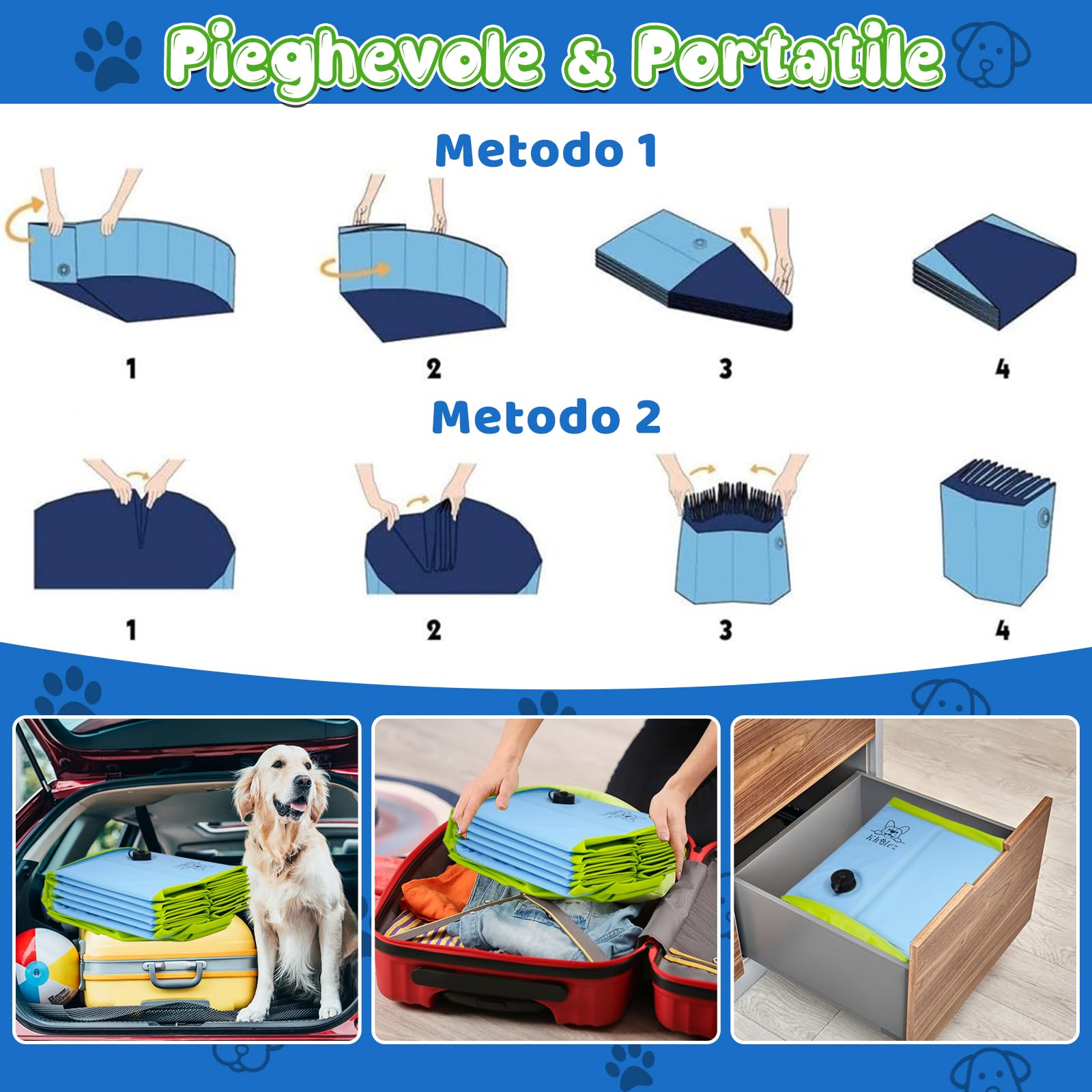 KHOLEZ 120x30CM Piscina per Cani Grandi Piccoli, Vasca da Bagno per Cani, Piscina Bambini Pieghevole, Piscina Portatile Stabile e Antiscivolo con Spazzola da Bagno, Valvola di Scarico, Toppe in PVC x4