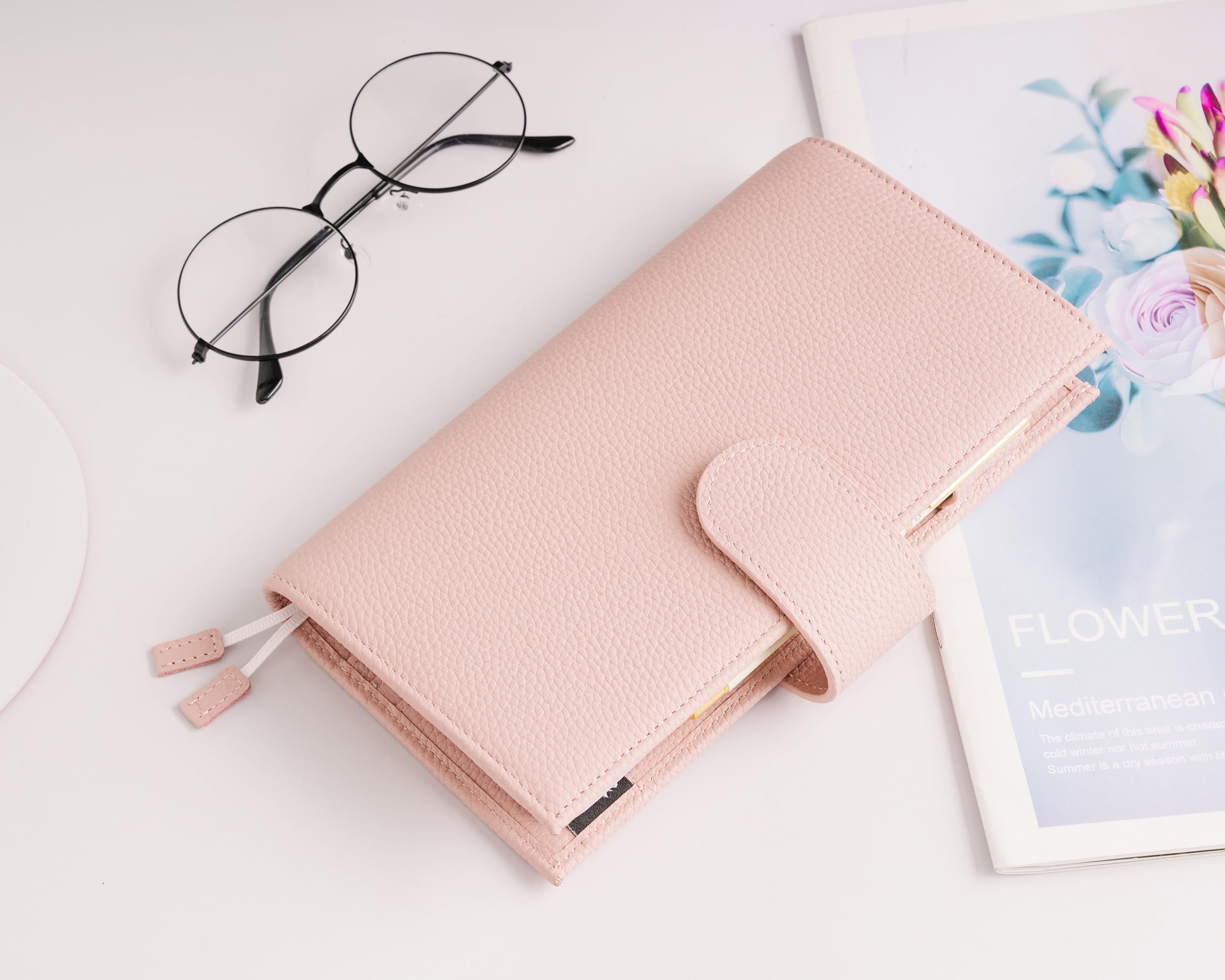 Lederhülle für Hobonichi Wochen-/Wochenplaner – mit Stifthalter, Kartenfächern, Rücktasche und Lesezeichen (rosa)