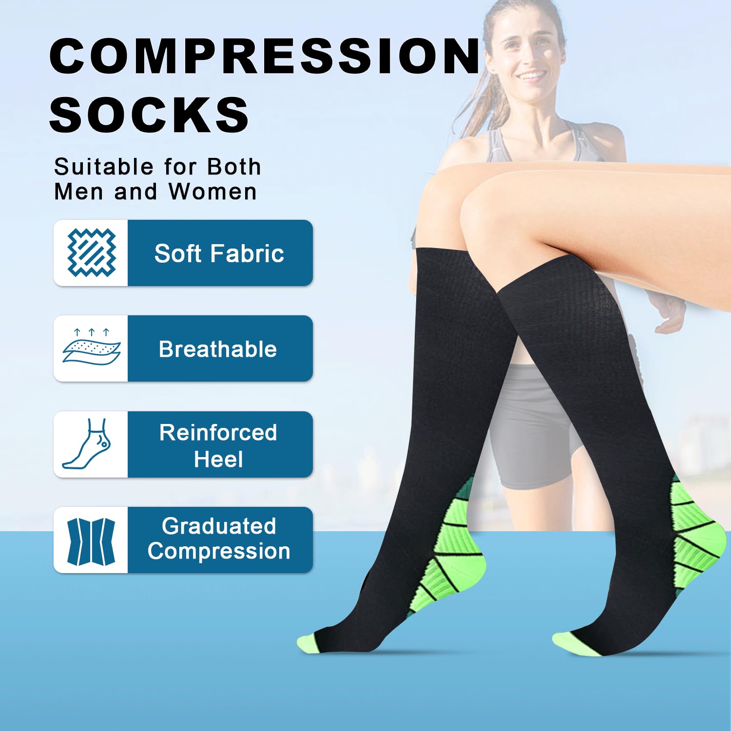 6 Pares Calcetines de Compresión para Mujeres y Hombres 15-20 mmHg Medias de Compresion Graduada Socks Protección Muscular Deporte Correr Vuelos Viajes Ciclismo Enfermeras Circulación