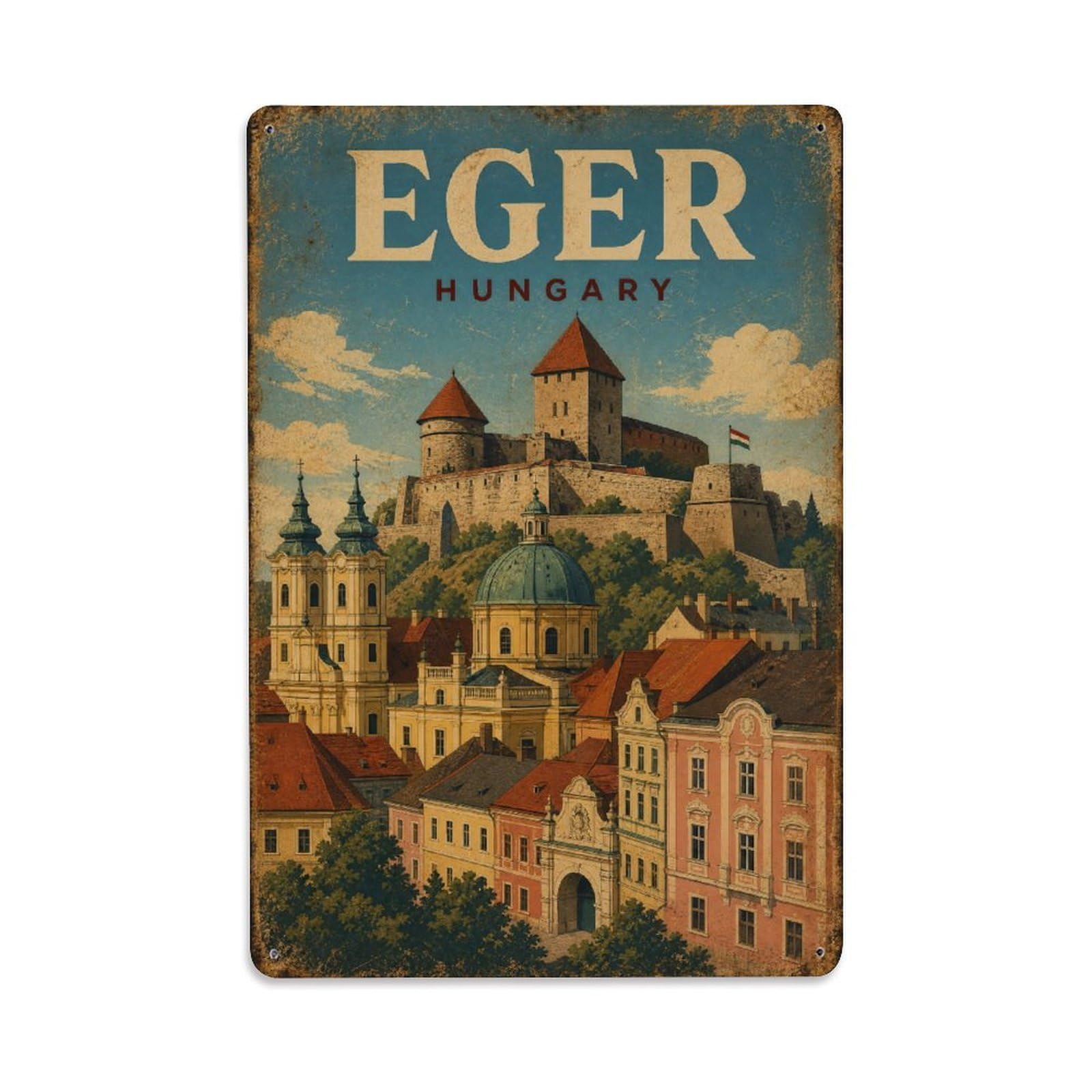 Retro Travel Hungary Eger Metal Tin Sign Plaque Wall Decor for Cafe, Club Bar, Office, Garden Metal Poster 8x12Inch