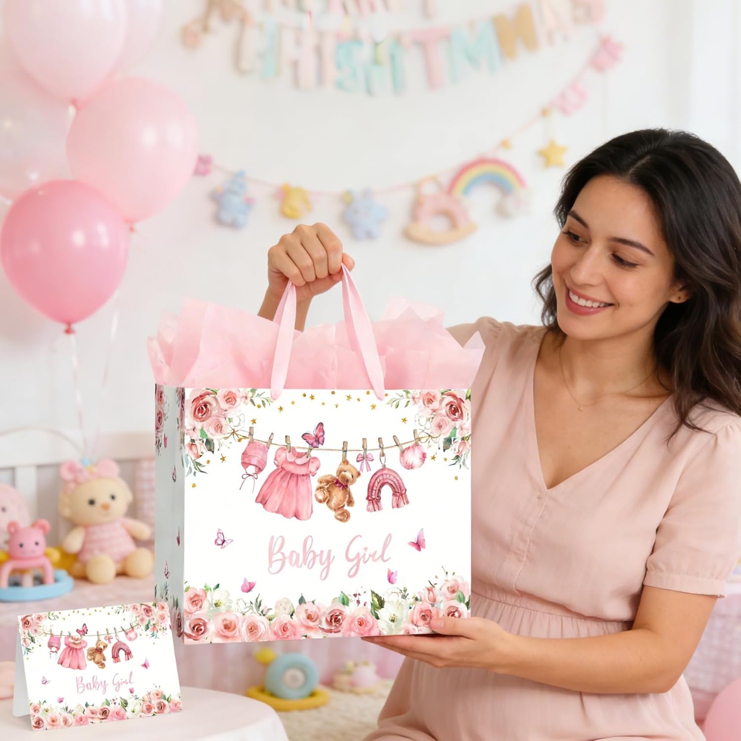 Yusenguan 13" Large Baby Gift Bag for Girl, Pink Floral Design with Handles, Tissue Paper and Gift Card, Perfect for Girl Baby Shower & Kids Birthday Party - Image 6