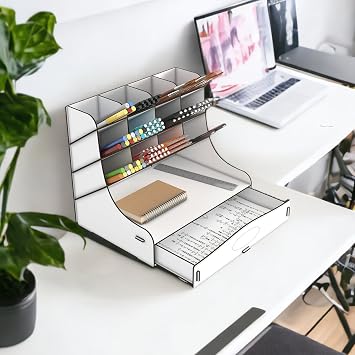 Mingitav Chamber 12 Eyes Oversized Desktop Pen Holder Organizer, Desktop Organizer A4 Document Rack with Drawers (White)