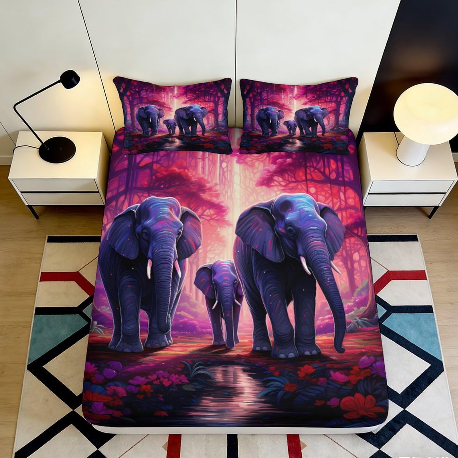 Pnayamiorkfel Style-1 3D Printed Purple Elephant Family Fitted Sheet Microfiber Soft Artistic Forest Mattress Cover For Bedroom Decor 90X200x25cm