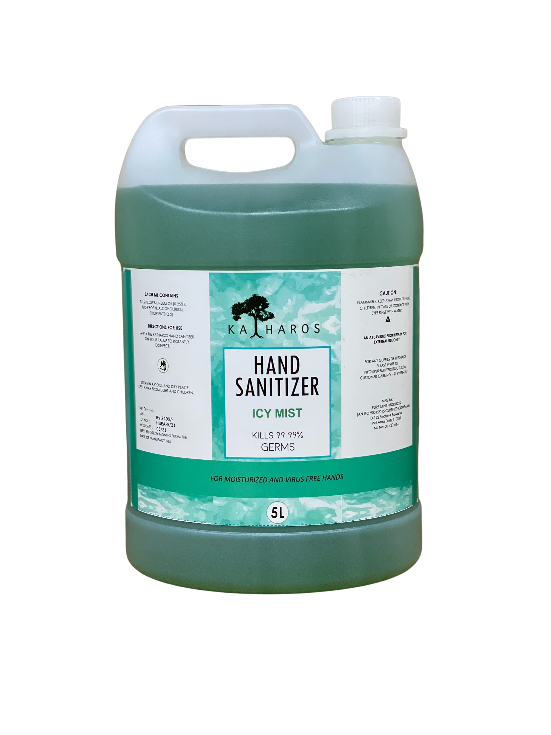 Katharos Hand Sanitizer (Icy Mist), 82%+ Iso Propyl Alcohol (IPA) Based - 5000 ML, Skin-Friendly, Moisturizing, Instantly Kills 99.99% Germs + Free 50 ML Hand Sanitizer Spray