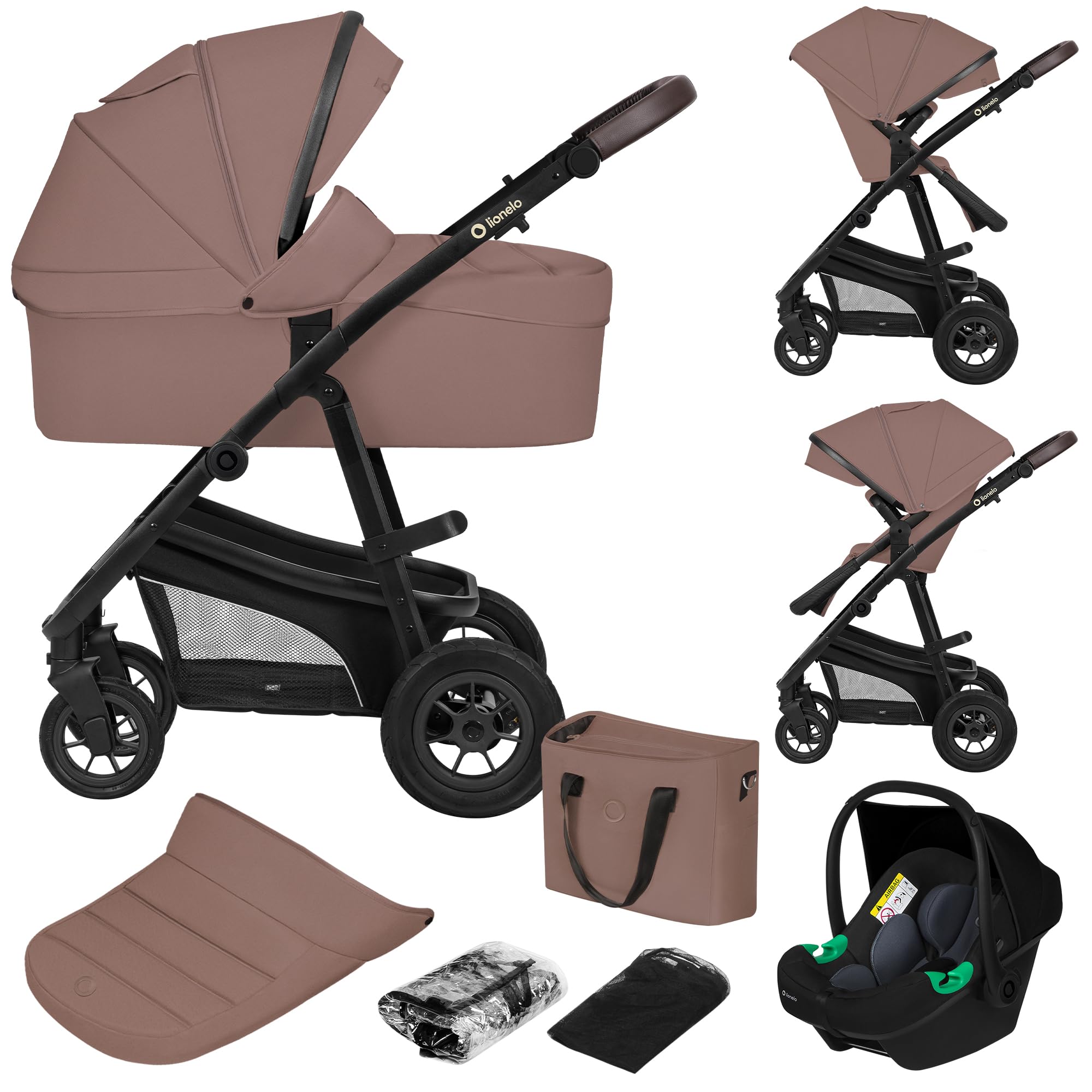 LIONELO BIANKA Cochecito de Bebé 3 en 1 (22 kg) Portabebés (9 kg) Silla de Coche (13 kg), Plegable, Sistema de Viaje Respaldo Ajustable Ruedas 360o Amortiguación, Capota XXL, Carrito de Bebe