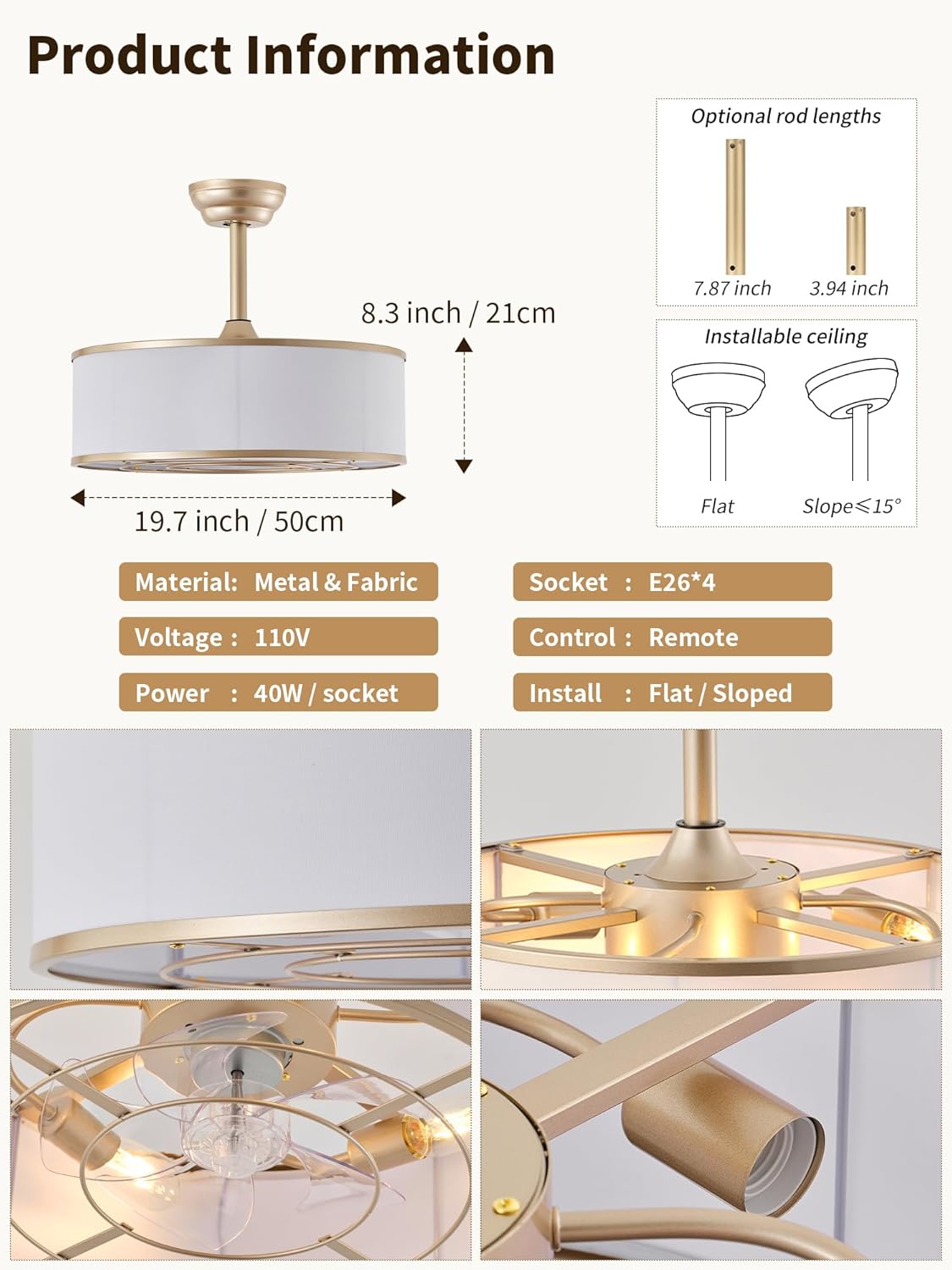20" Caged Gold Fandelier Ceiling Fans with Lights, Boho Ceiling Fan with Light Remote Control, Mid-Century Chandelier with 6 Speeds for Bedroom,Living Room, Nursery