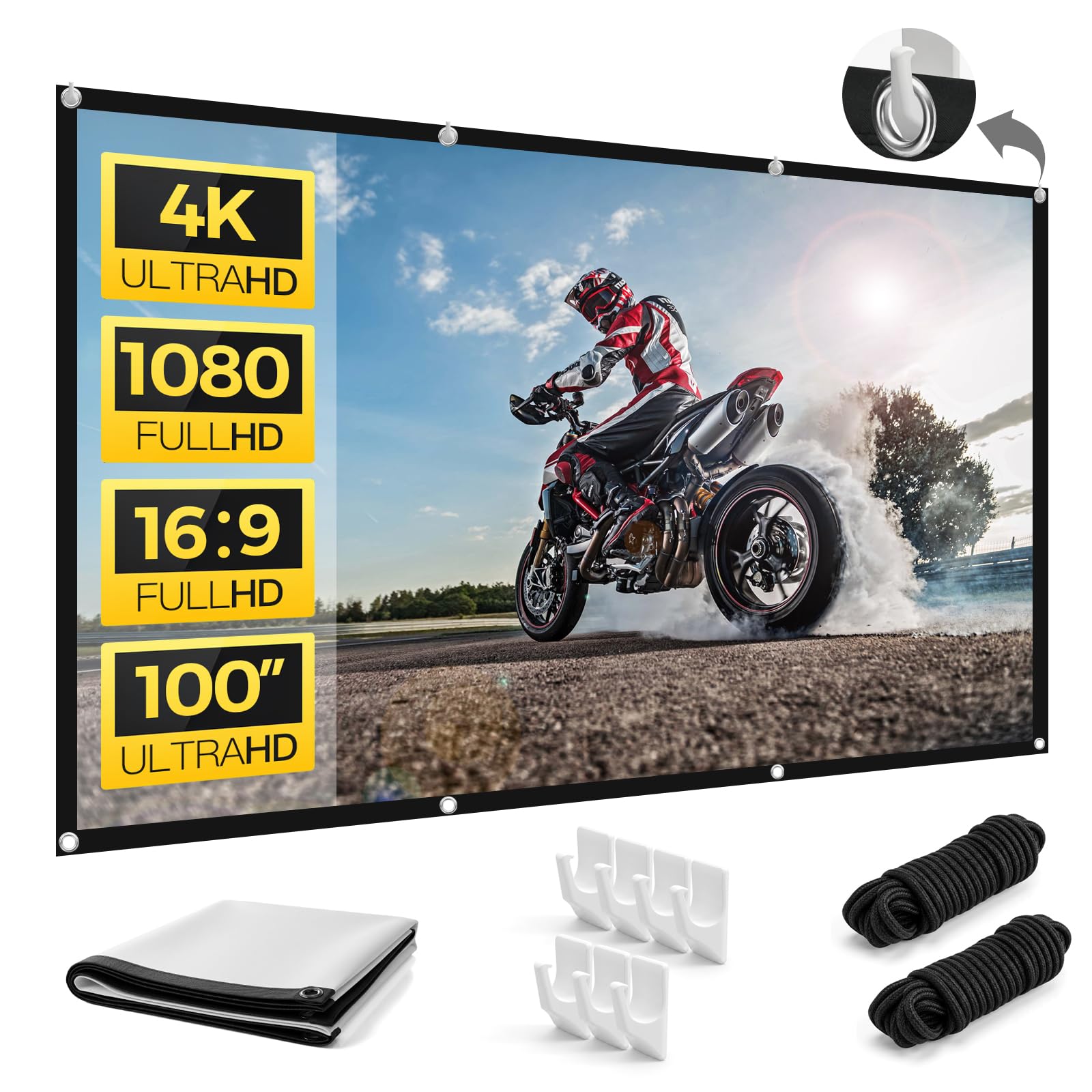 100 Pouces Ecran Videoprojecteur D'extérieur Portable et Pliable, Lavable, pour Ecran Projecteur, Idéal pour Le Home Cinéma, Les soirées Cinéma et Les Utilisations Commerciales, avec Sac de Transport