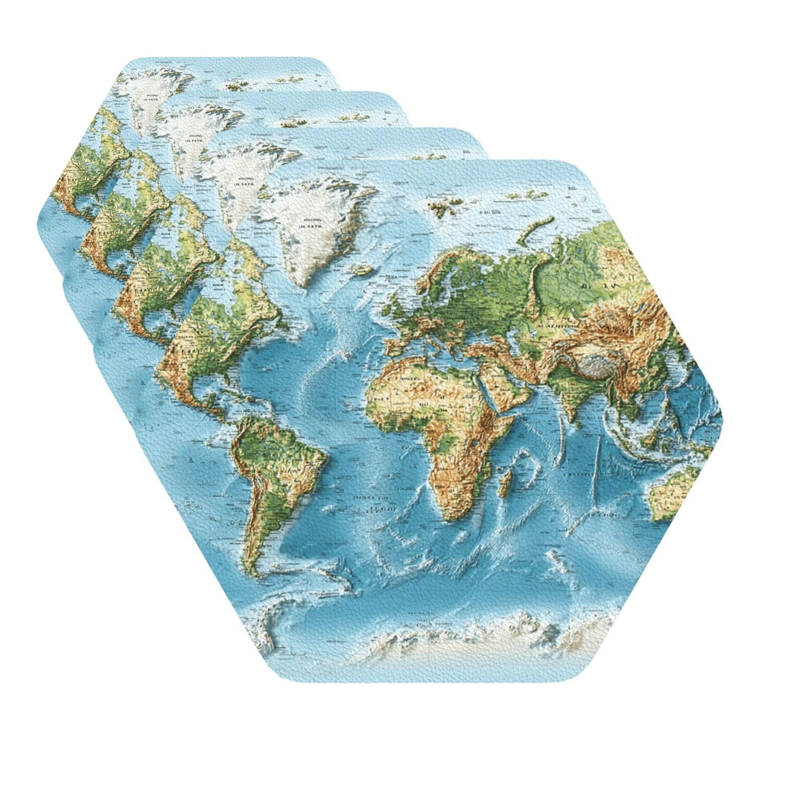 Drink Coasters Set of 4 Quick-Dry Leather Coaster World Map Coasters for Drinks Coffee Cup Mat Tabletop Protection Heat Resistant Coaster for Kitchen Bar Office Home Decor