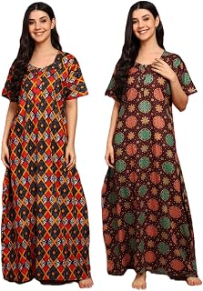 NILOUFO Women’s Cotton Printed Maxi Nighty – Pack of 2 Soft Ankle-Length Night Dresses | Free Size Sleepwear Gowns for Women Price In India