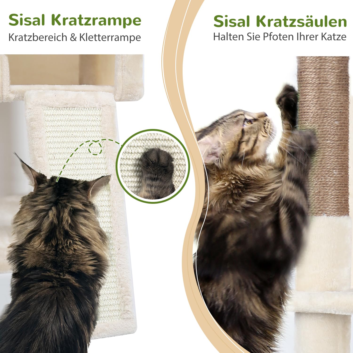 Globlazer F70 Pro Kratzbaum Groß Beige 180cm mit hängematte für 2-4 Katze | XXL Stabil Katzenbaum mit 2 Katzenhaus, Gepolsterte Plattformen, Kratzrampe Sisal, für Große Katzen Ausruhen Spielen