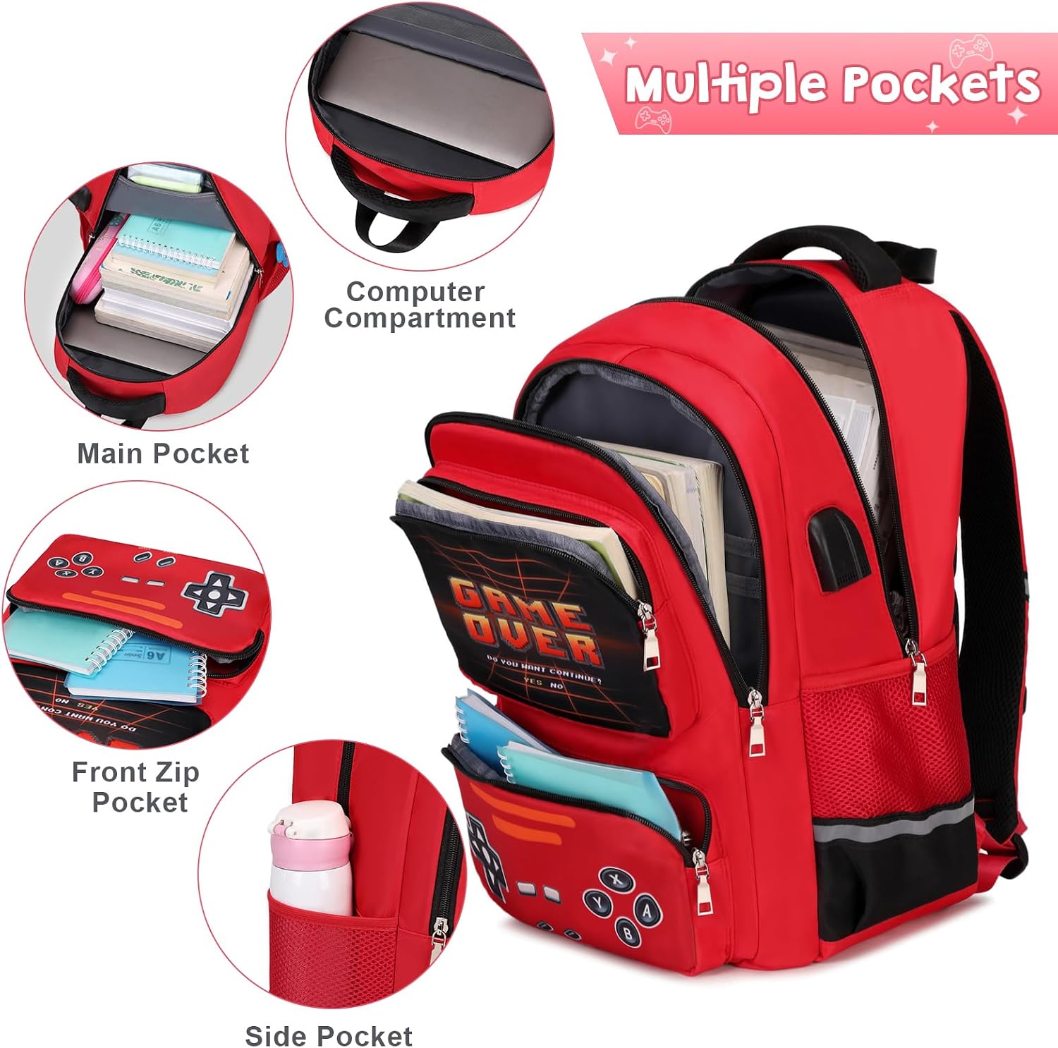 ACESAK Game luminous Boys Backpack - Bento Box with Insulated Lunch Bag Pencil Case, Utensils Set for Kids, 6 Leakproof Compartments Removable Tray Lunches or Snack Container (Red)
