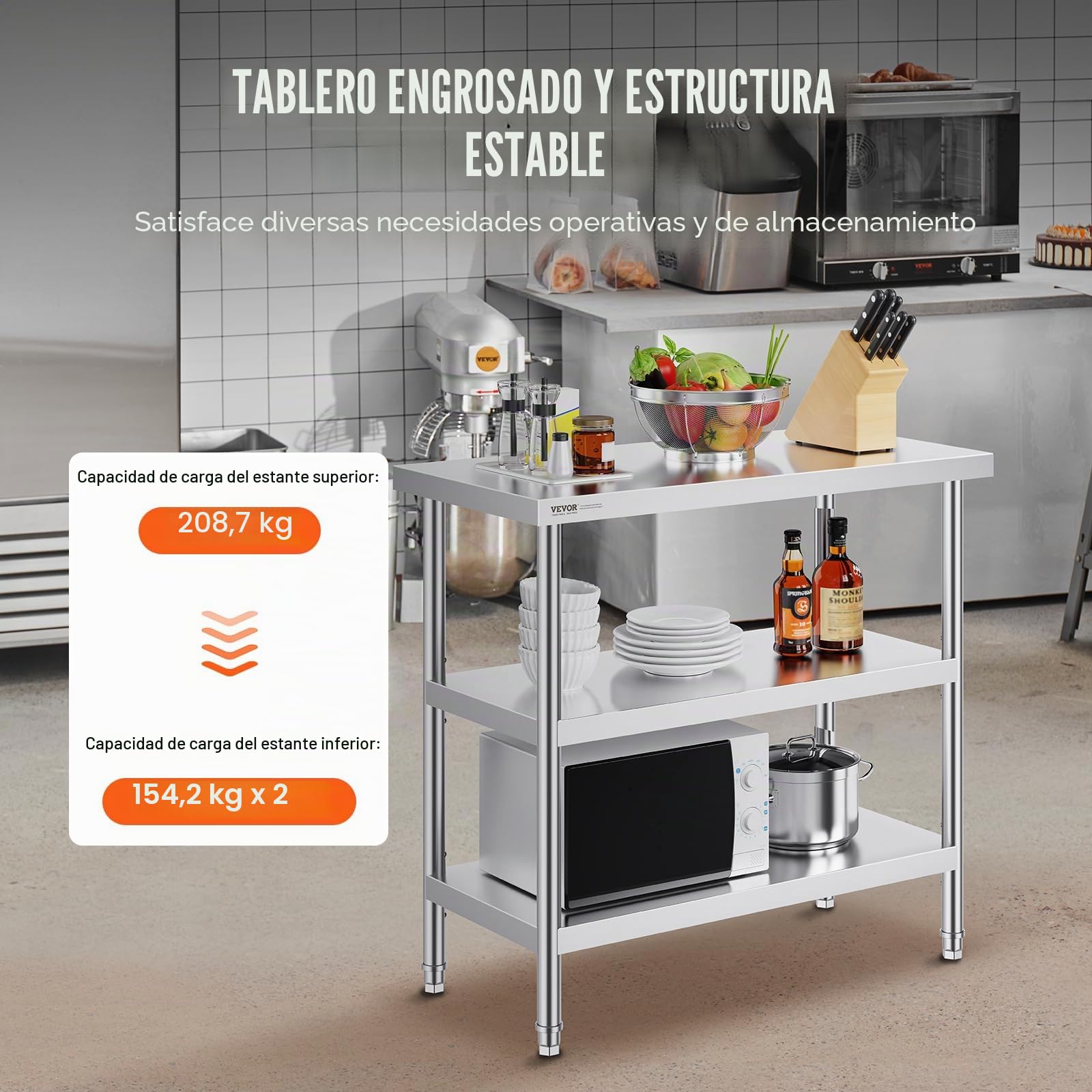VEVOR Mesa de acero inoxidable para preparación de alimentos, 18 x 36 x 34 pulgadas, con 2 estantes ajustables y mesa de trabajo comercial