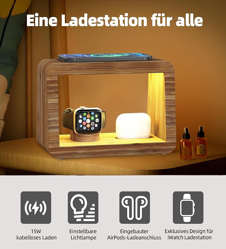 Alltripal 15W Vezeték Nélküli Töltőállomás Asztali Lámpával - 3in1 iPhone/AirPods/iWatch Töltő, 3 Színhőmérsékletű Éjjeli Lámpa, Bambusz

AI