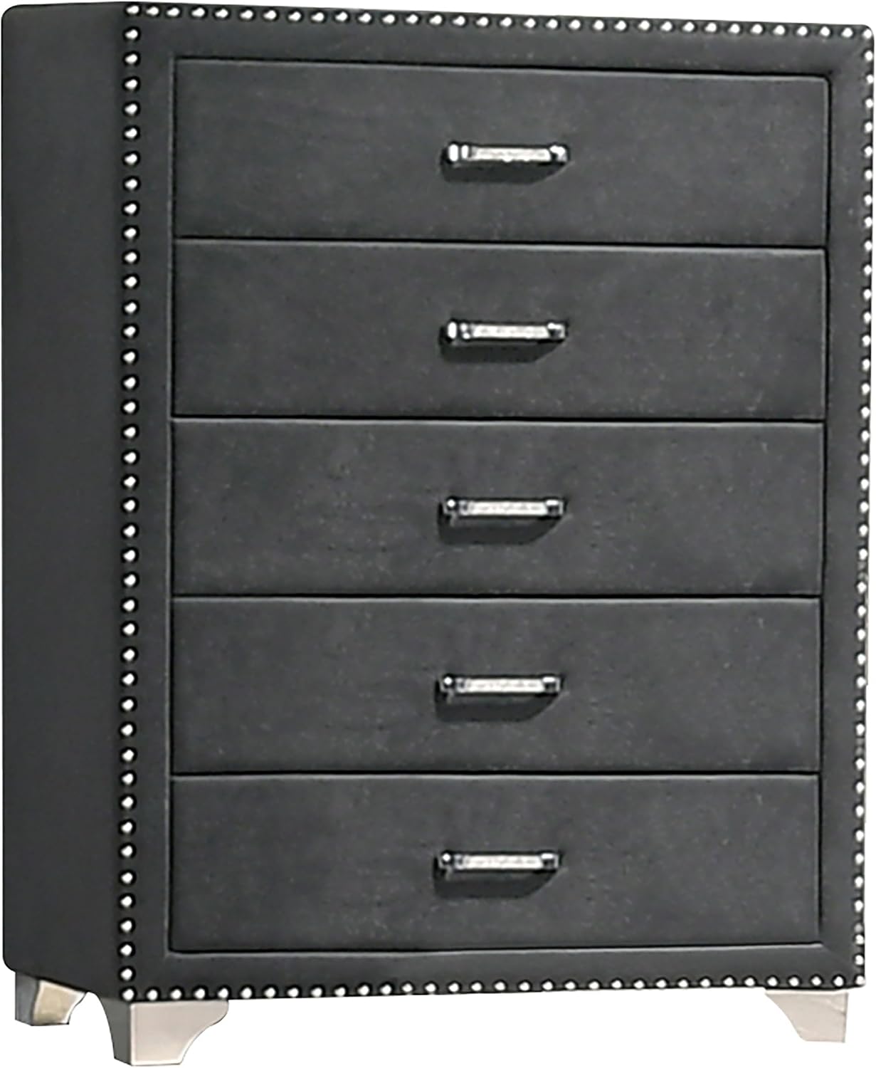 Pemberly Row 5-Drawer Contemporary Velvet Upholstered Chest, Gray, 47.5 in H x 35.5 in W x 20 in D, Matte Velvet Fabric, Nailhead Trim, Chrome Legs, Bedroom Storage Furniture