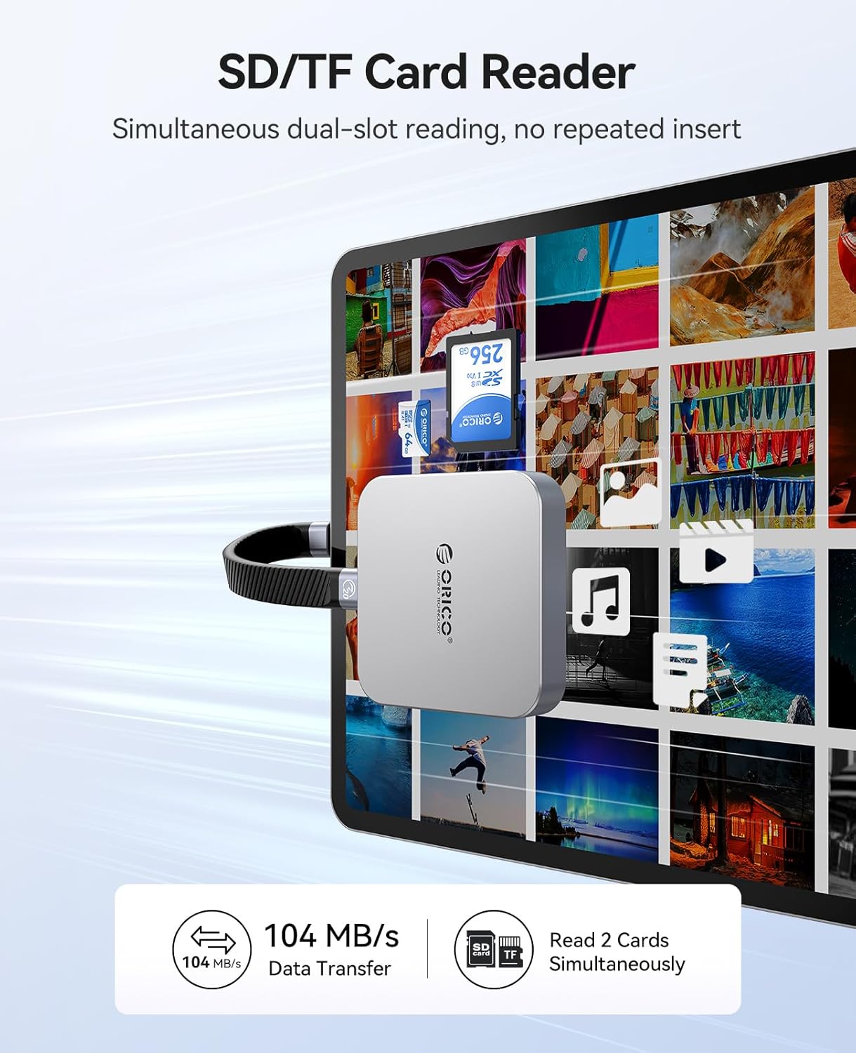 ORICO Ultra-Thin Magnetic SD Card Reader for iPhone 17/16/15 Series/iPad/MacBook, USB C Camera Adapter with SD/TF 3.0 Solt, 5Gbps USB-A, 3.5mm AUX, 100W PD Pass-Through