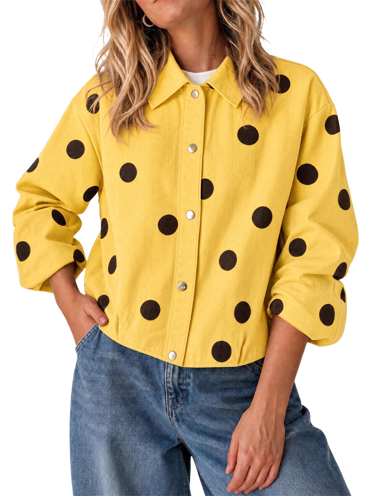 Womens Polka Dot Denim Jackets Button Down Casual Fall Jean Coats