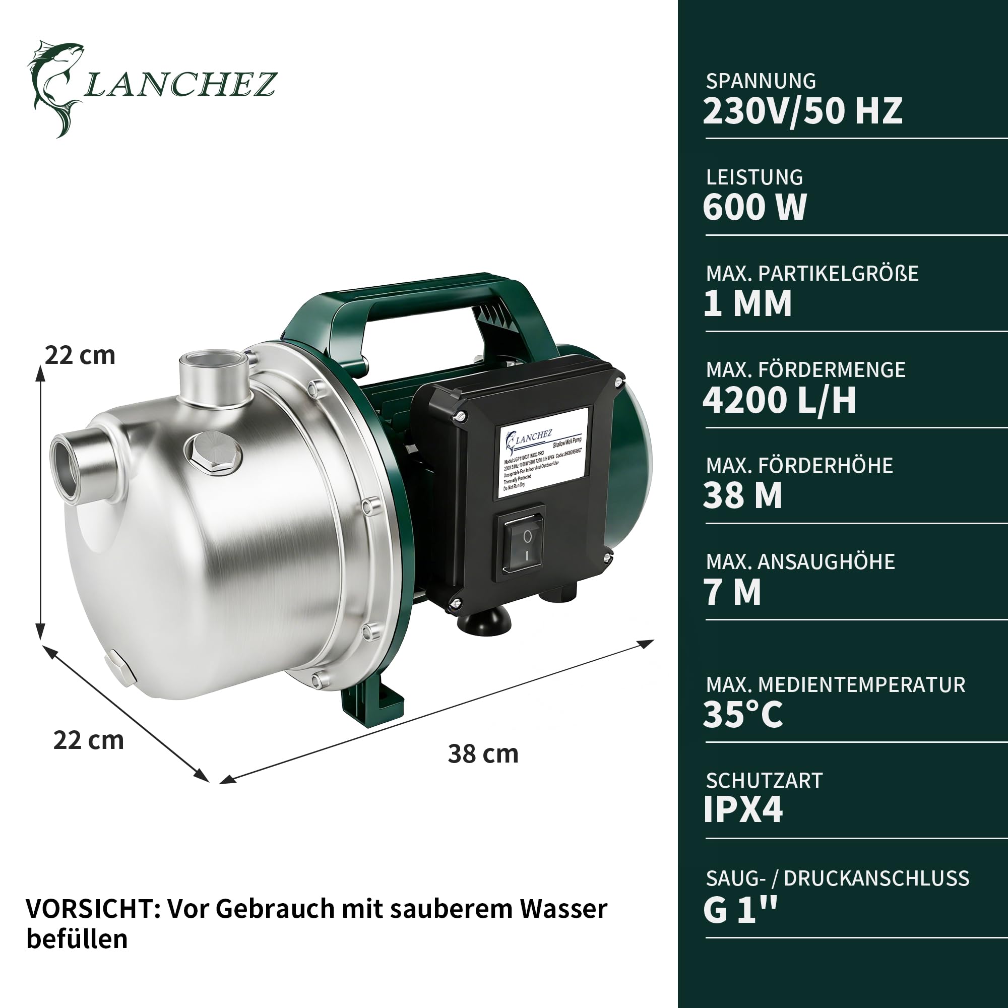 LANCHEZ Gartenpumpe 4200 l/h Fördermenge, Leistung 600 W, 38m Förderhöhe, Ansaughöhe bis zu 7 m, Wasserpumpe für Regenfässer, Zisternen, Gartenteiche