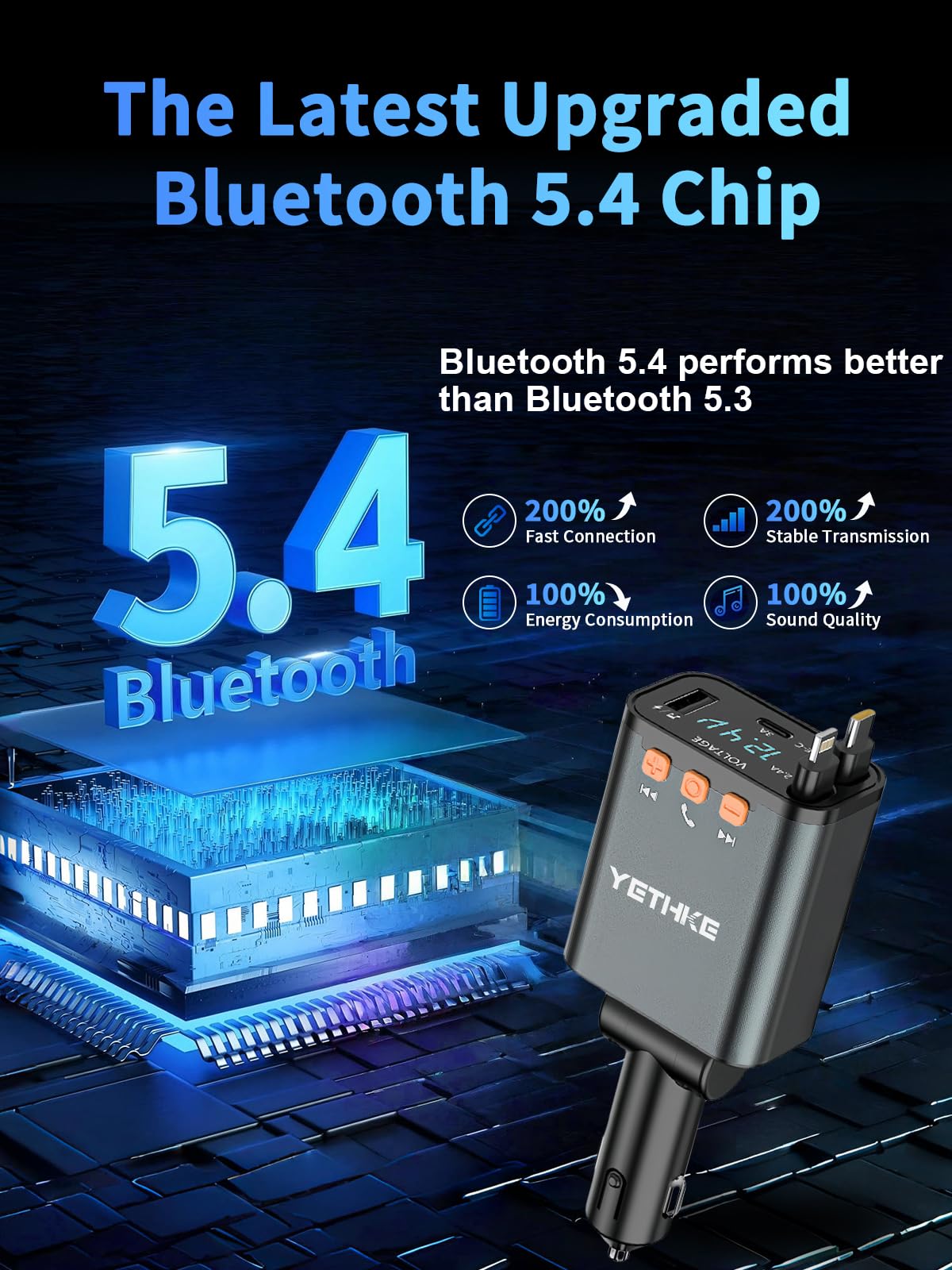 Caricatore retrattile da auto, adattatore trasmettitore FM Bluetooth 5.4, caricabatterie rapido 4 in 1 da 69 W, chiamate in vivavoce, caricatore USB per telefono auto e 2 cavi