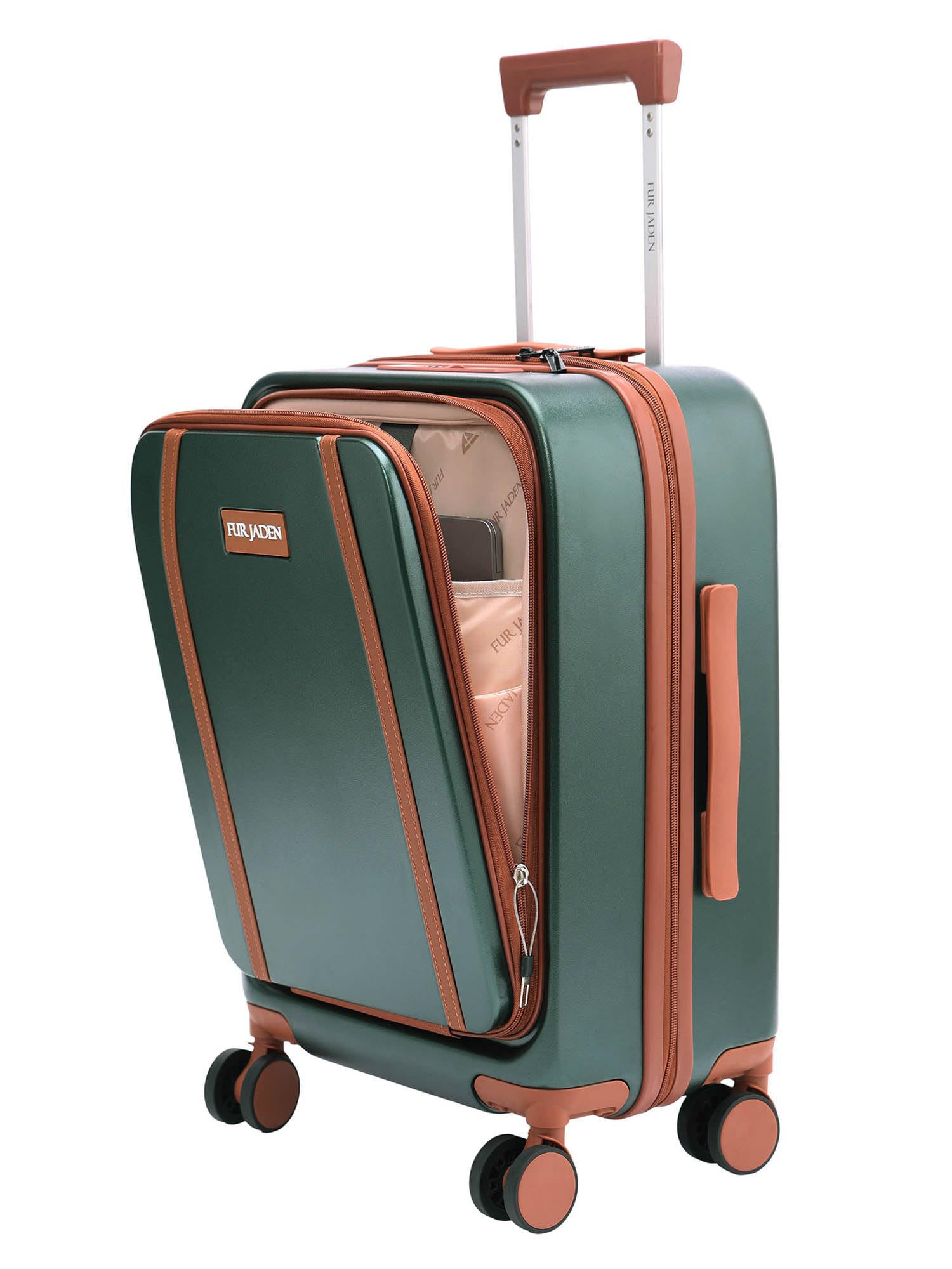 Fur Jaden The Wayfarer 55cm Cabin TechPro Polycarbonate Suitcase I USB-C Charging Port I Laptop Compartment I 8 Silent Shock Absorbing Wheel I TSA Lock I Aviation Grade Trolley (Forest Green, TechPro)