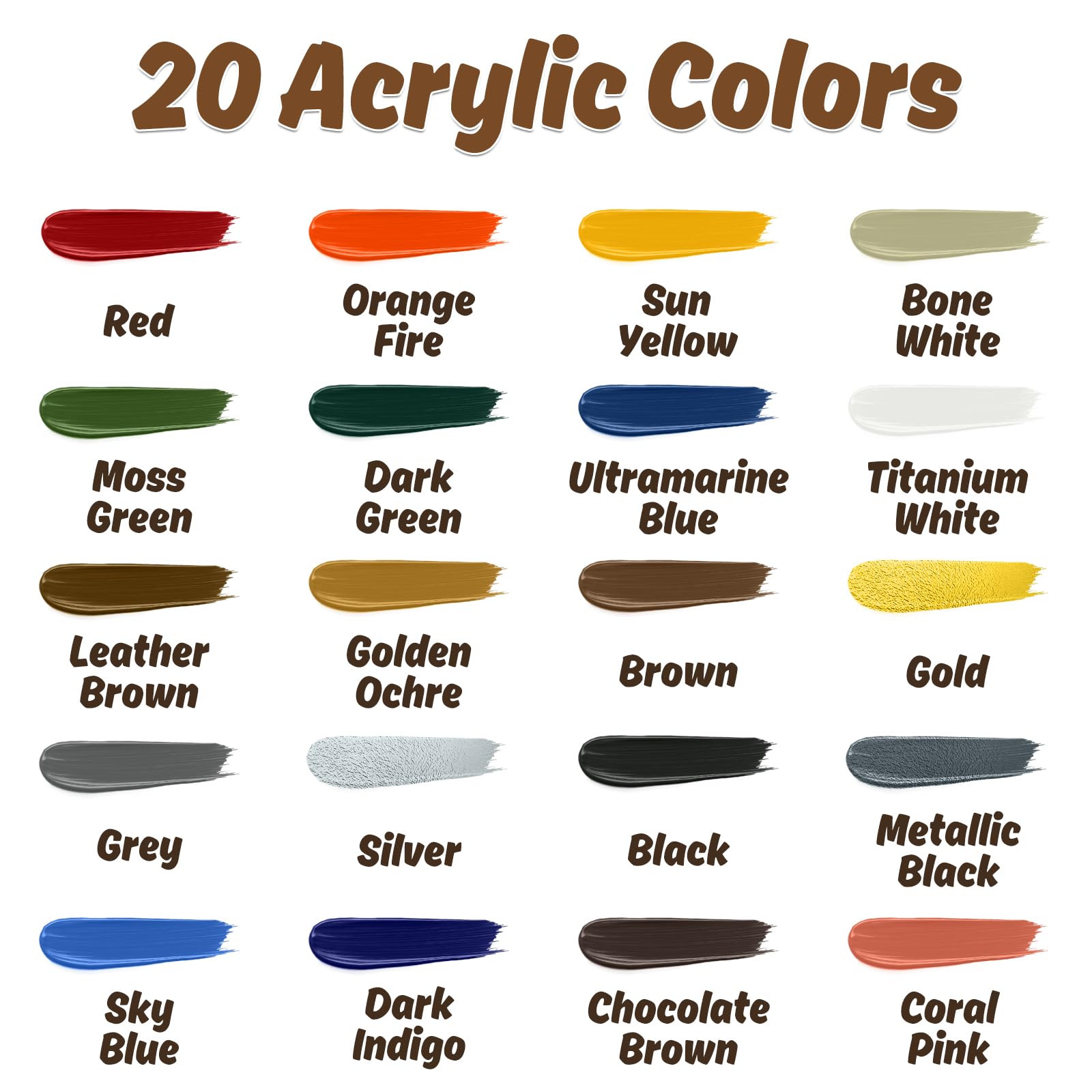 Modellbau Farben Set - 20 Acrylfarben mit 3 Pinseln für Airbrush & Pinselbemalung, inkl. Grundfarben, Hauttöne, Schatten & Metallicfarben, für Wargames Tabletop Figuren & Miniaturen