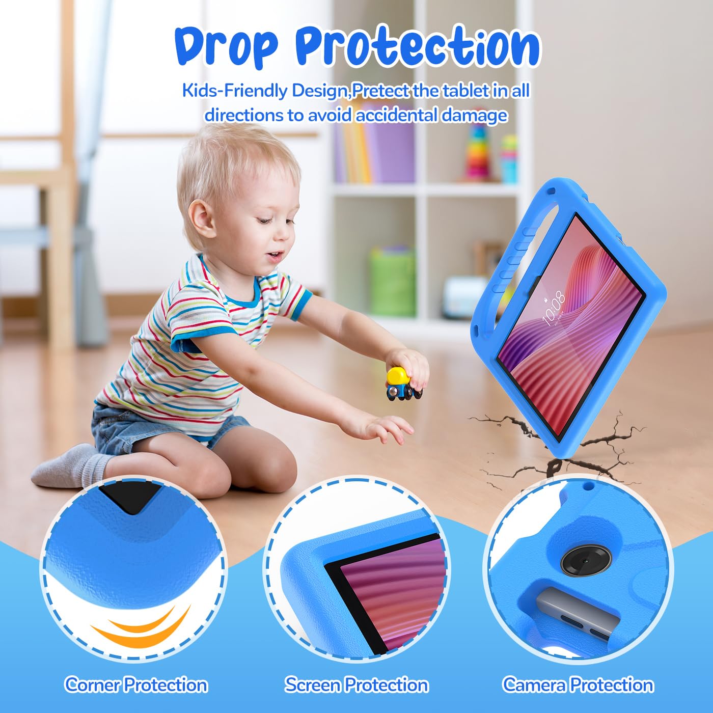 Custodia Bambini per Lenovo Tab Tablet 2025 10.1 Pollici (TB311FU/TB311XU), Eva Leggermente Antiurto Custodia Protettiva con Manico Bambino e Tracolla, Blu