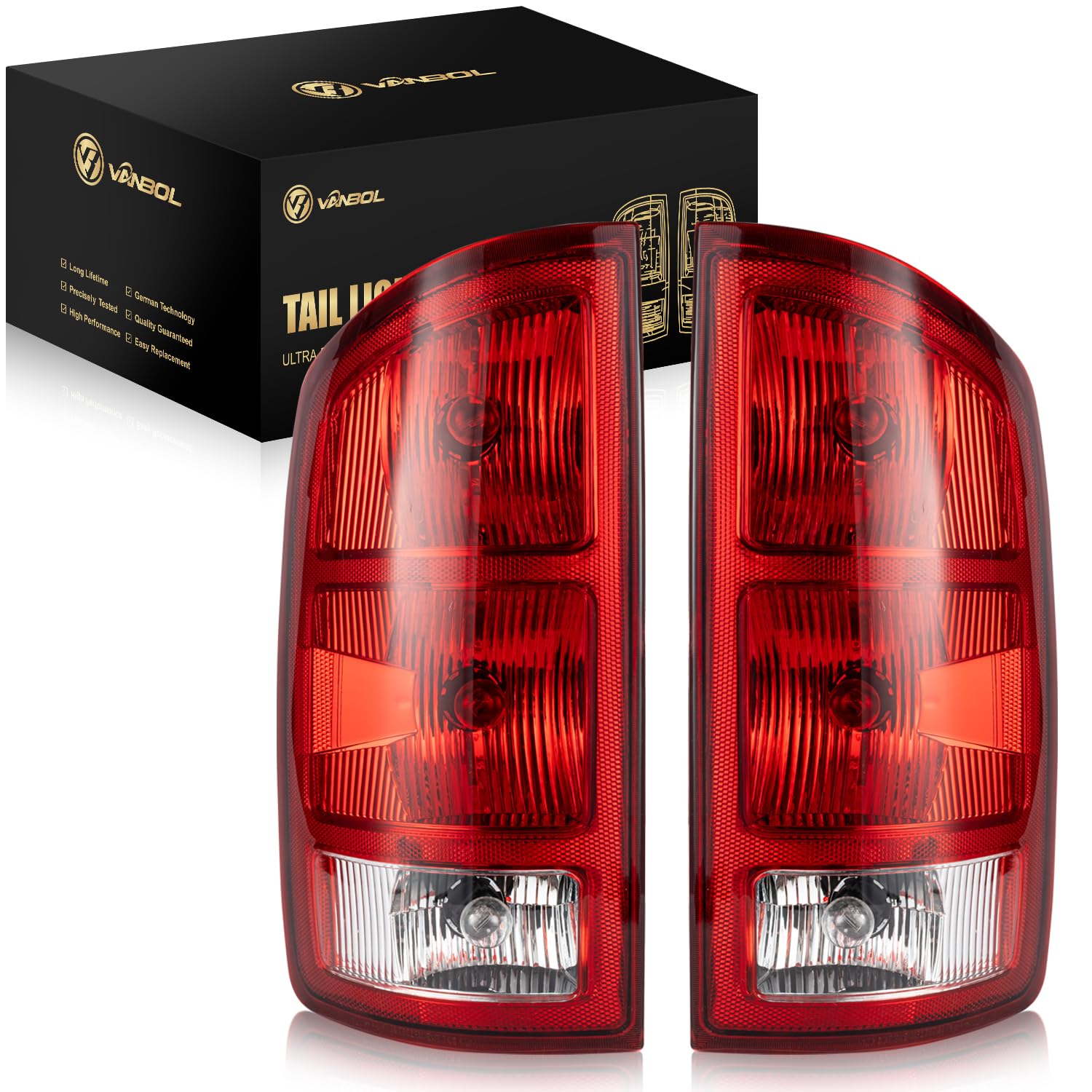 Photo 1 of VANBOL Tail Light Assembly Compatible with 2002-2006 Dodge Ram 1500 2003-2006 Dodge Ram 2500 3500 w/Halogen Bulbs & Harness Rear Brake Lamp Taillight Driver & Passenger Side Pair NON-LED