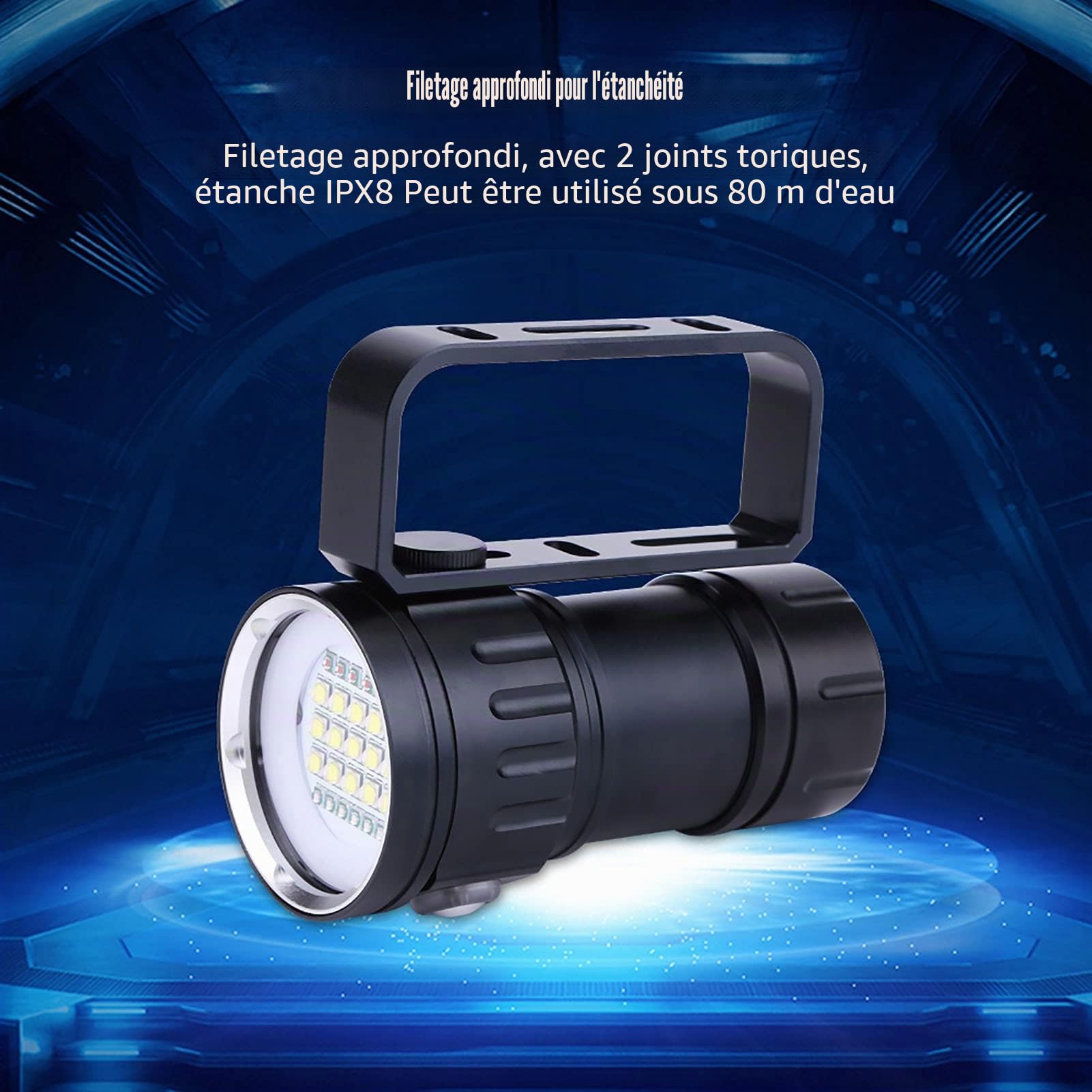 Lampe de Poche de Plongée, IPX8 18000lm Super Lumineuse Torche de Plongée Sous-marine 300-500m LED Lampe de Poche de Plongée Torche de Plongée 3 Modes D'éclairage pour les Sports de Plein Air Plongée,