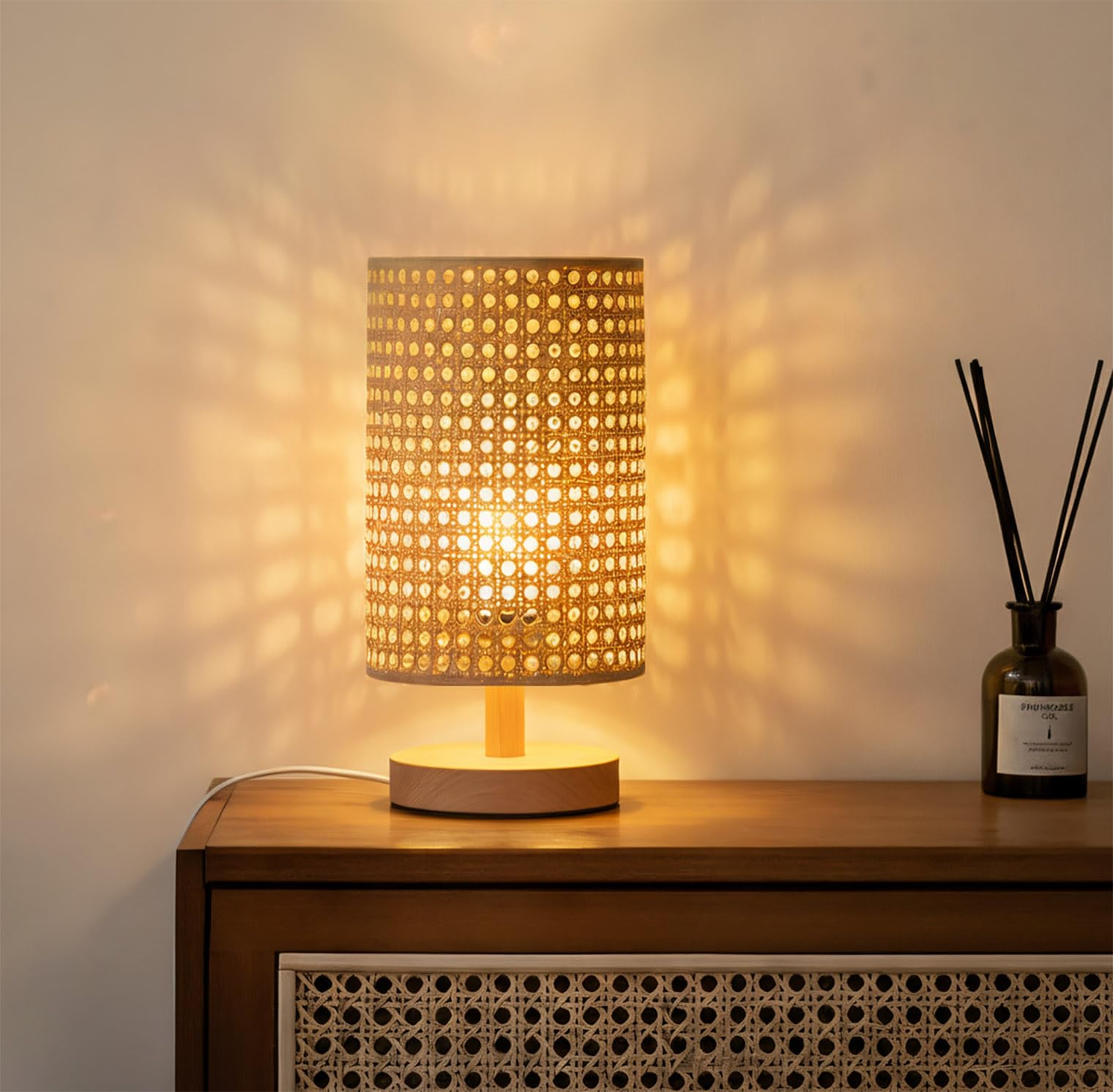 AFORTLO Table Desk Lamp,Small Rattan Hollow-Out Wicker Bamboo Boho Decorative Nightstand Night Light Solid Wood Base Lamp for Bedroom,Living Room,End Table or Office with Bulb(Rattan Hollow-Out) Product Image 1