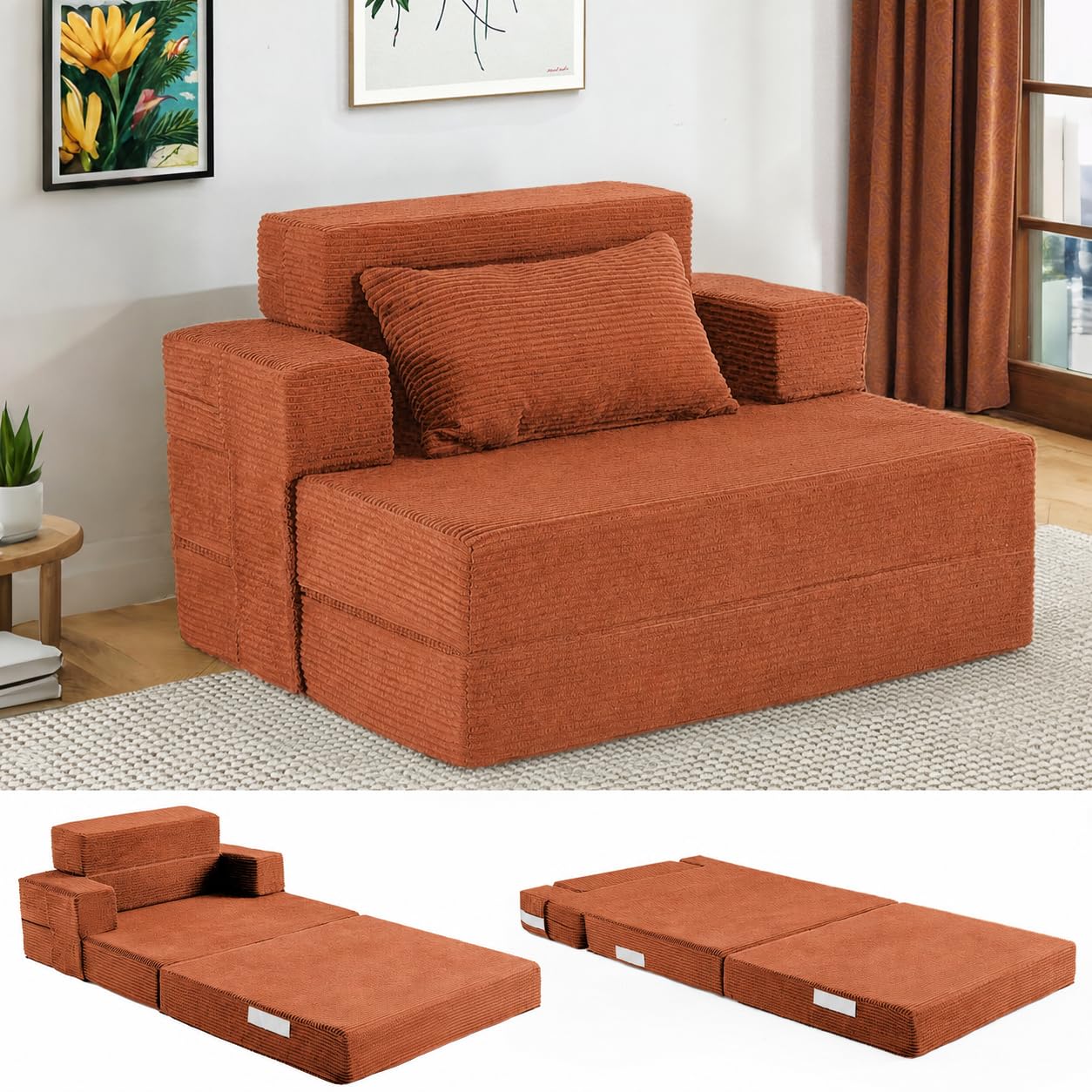 Fantico Folding Sofa Bed Single – Convertible Chair Bed with Pillow & Armrests, Foldable Futon Mattress with Back Support, Boneless Sofa Bed for Living Room and Bedroom, Orange