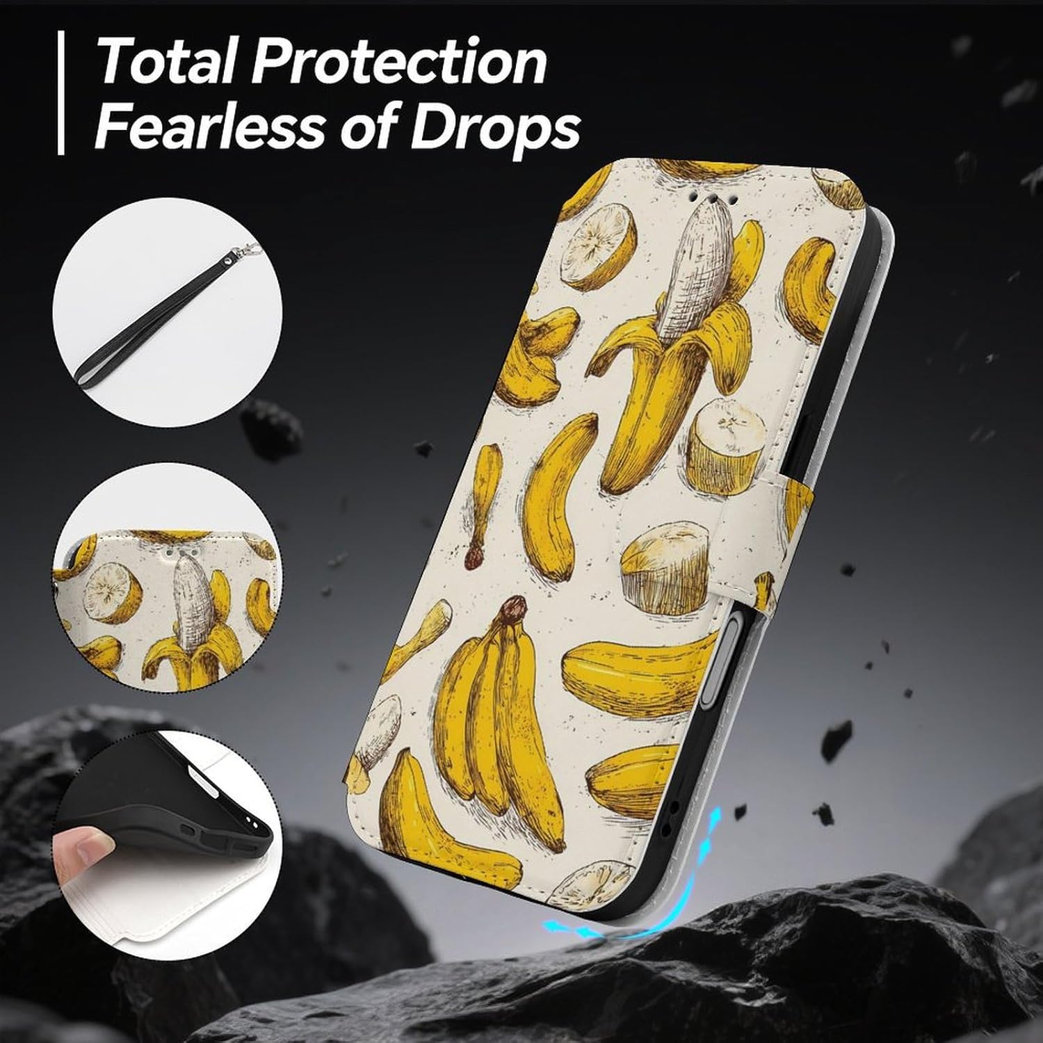 Banana Pulp Compatible with iPhone 16/16 Plus/16 Pro/16 Pro Max/16 E Case Phone Wallet Card Holder Flip Cover with Wrist Strap