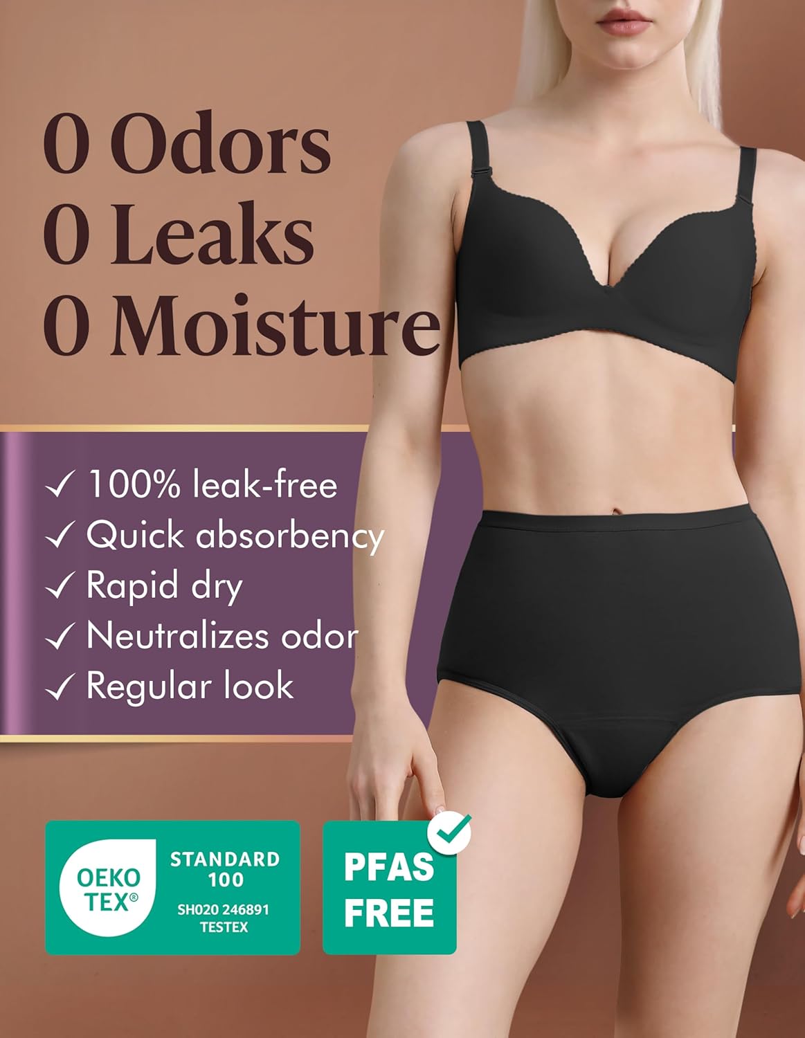 AIRCUTE Washable Urine Absorbency Incontinence Underwear for Women Bladder Leak Proof Cotton Panties 60ML 3 Pack(Black-Beige-Dusk, Large) - Image 2