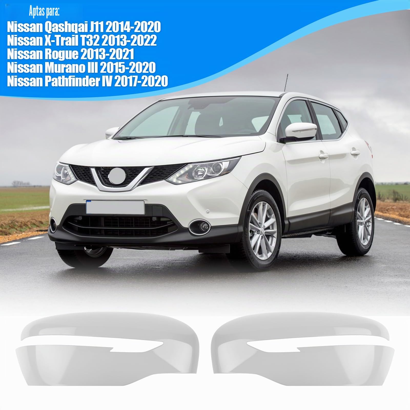 1 Par Tapa Cubierta del Espejo Reemplazar para Nissan Qashqai J11 2014-2020/Rogue 2013-2021, Cubierta del Espejo Tapas de Espejo Retrovisor (Blanco) | Cubierta de espejo retrovisor exterior para J11 & Rogue, acabado brillante, fácil montaje, sustituye a o