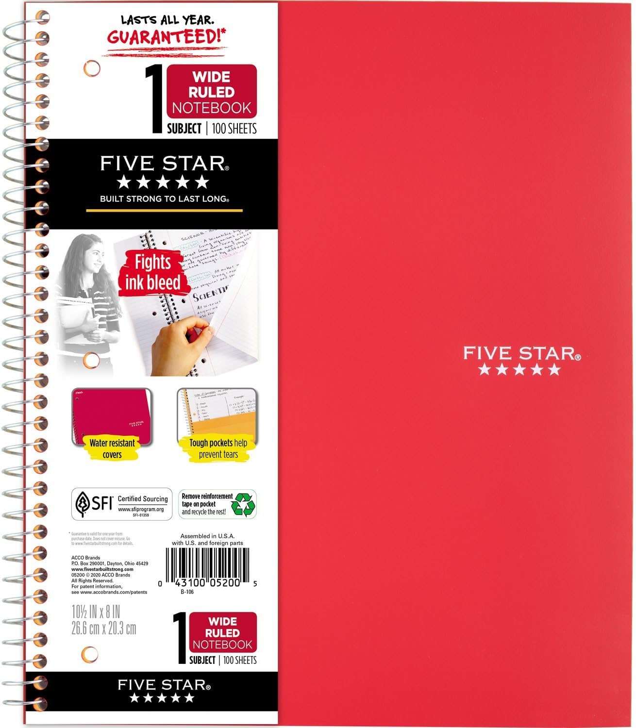 Spiral Notebook, 1 Subject, Wide Ruled Paper 100 Sheets, 26.6x20.3cm (10-1/2" x 8"Sheet Size),Assorted Plastic Cover