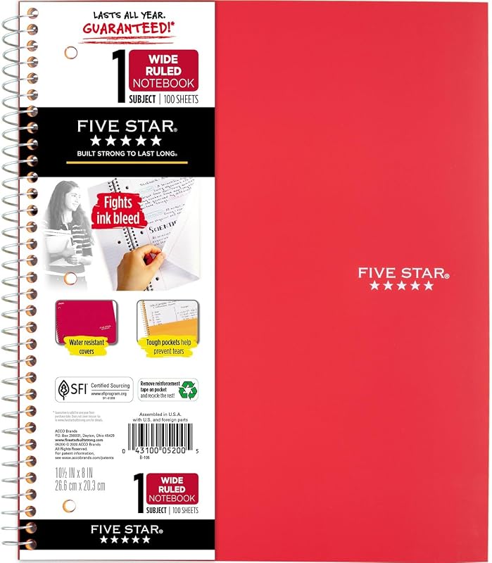 Cuaderno espiral Five Star, 1 tema, papel con rayas anchas, 10-1/2" x 8", 100 hojas, colores surtidos, el color variará, producto de oficina, 1 unidad (05200)