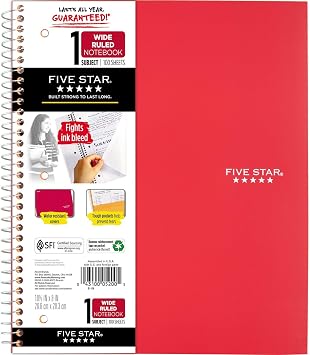 Five Star Spiral Notebook, 1 Subject, Wide Ruled Paper, 10-1/2" x 8", 100 Sheets, Assorted Colors, Color Will Vary, Office Product , 1 Count 05200