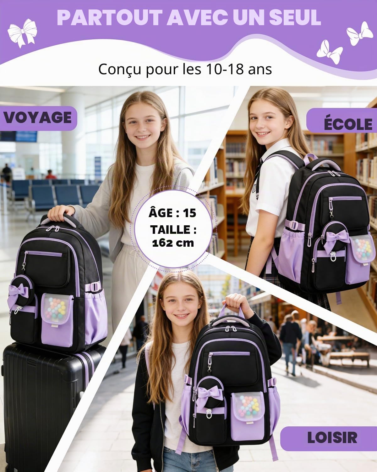 Amythe Cartable Fille Collège et Primaire, Sac à Dos Scolaire Adolescentes Léger Imperméable, Grand Sac D'école Fille pour Portable 15.6", Compatible Chariot,10-18 Ans -Violet