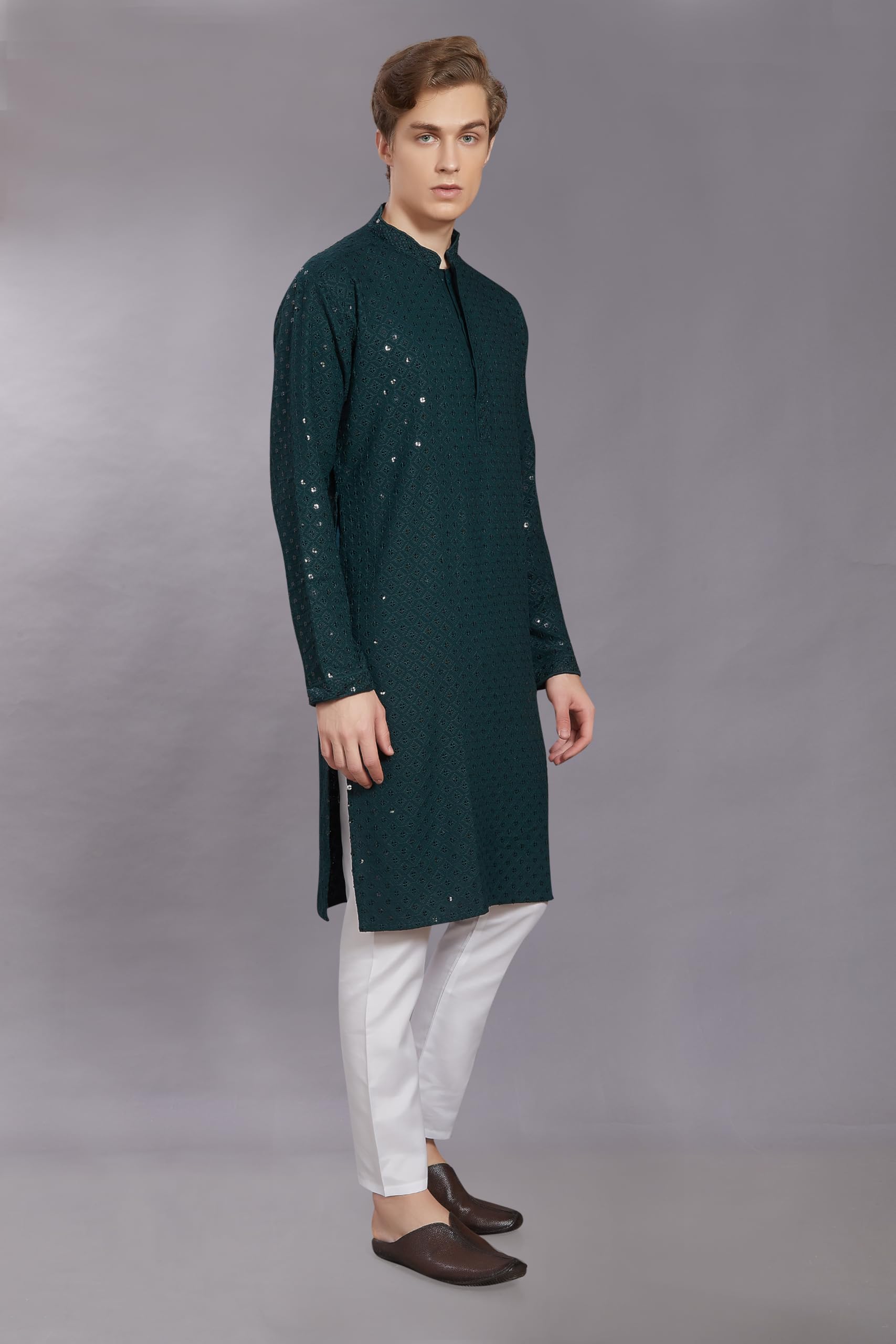 Divisive Men's Sequince Embroidered Cotton Blend Only Slim Fit Kurta (Dkrt235_Xl_Green)