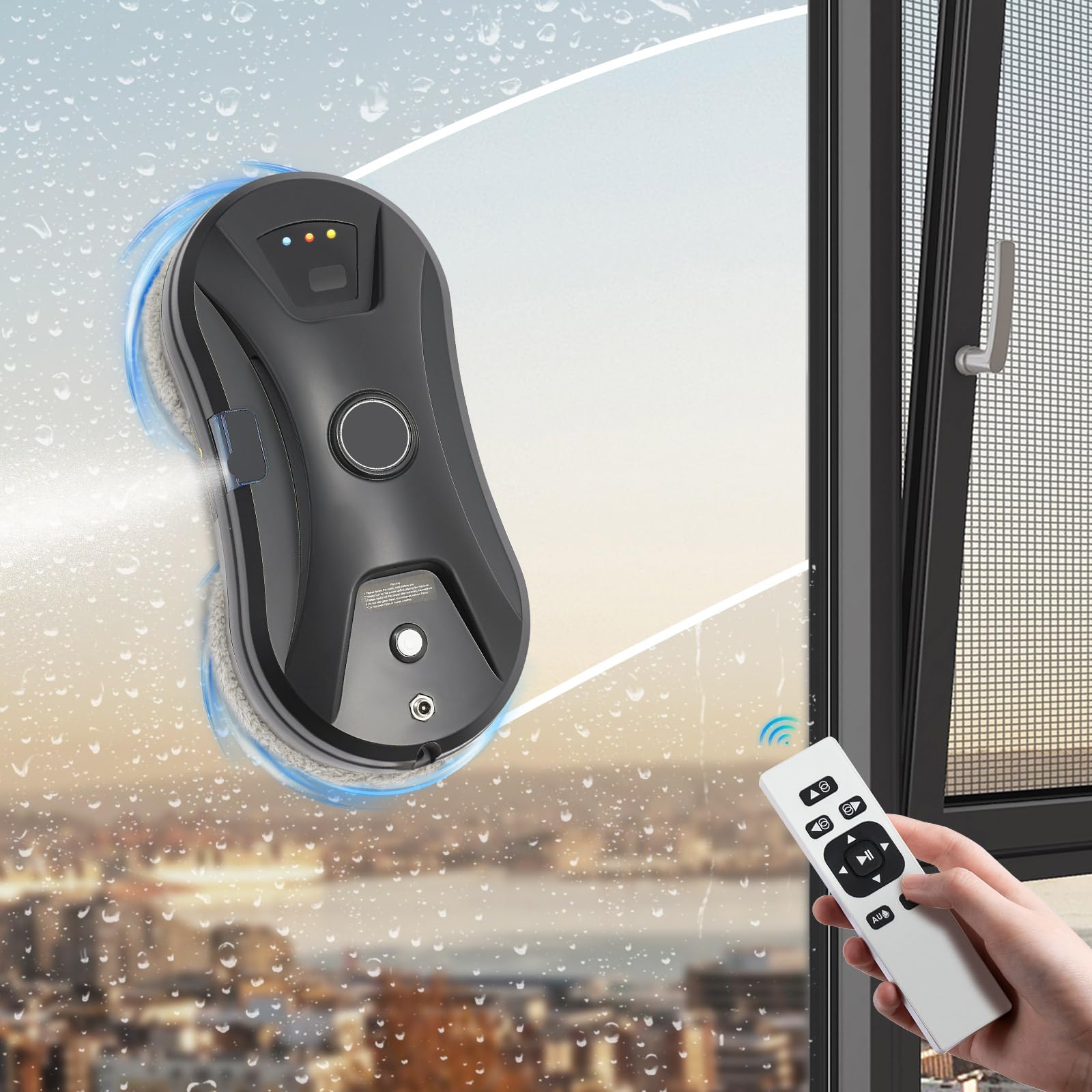 Robot limpiador de ventanas inteligente con potencia de succión de 2800 Pa y cuerda de seguridad | incluye mando a distancia y 10 almohadillas de limpieza, navegación automática para limpieza