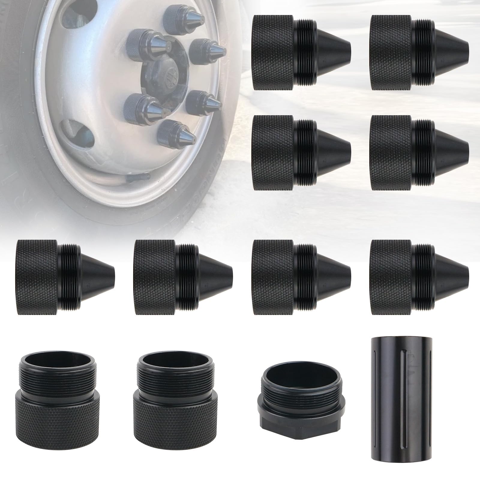 Paquete de 12 piezas de aleación de aluminio con forma de cono negro | Compatible con Kenworth Peterbilt Volvo Freightliner Mack International Trucks